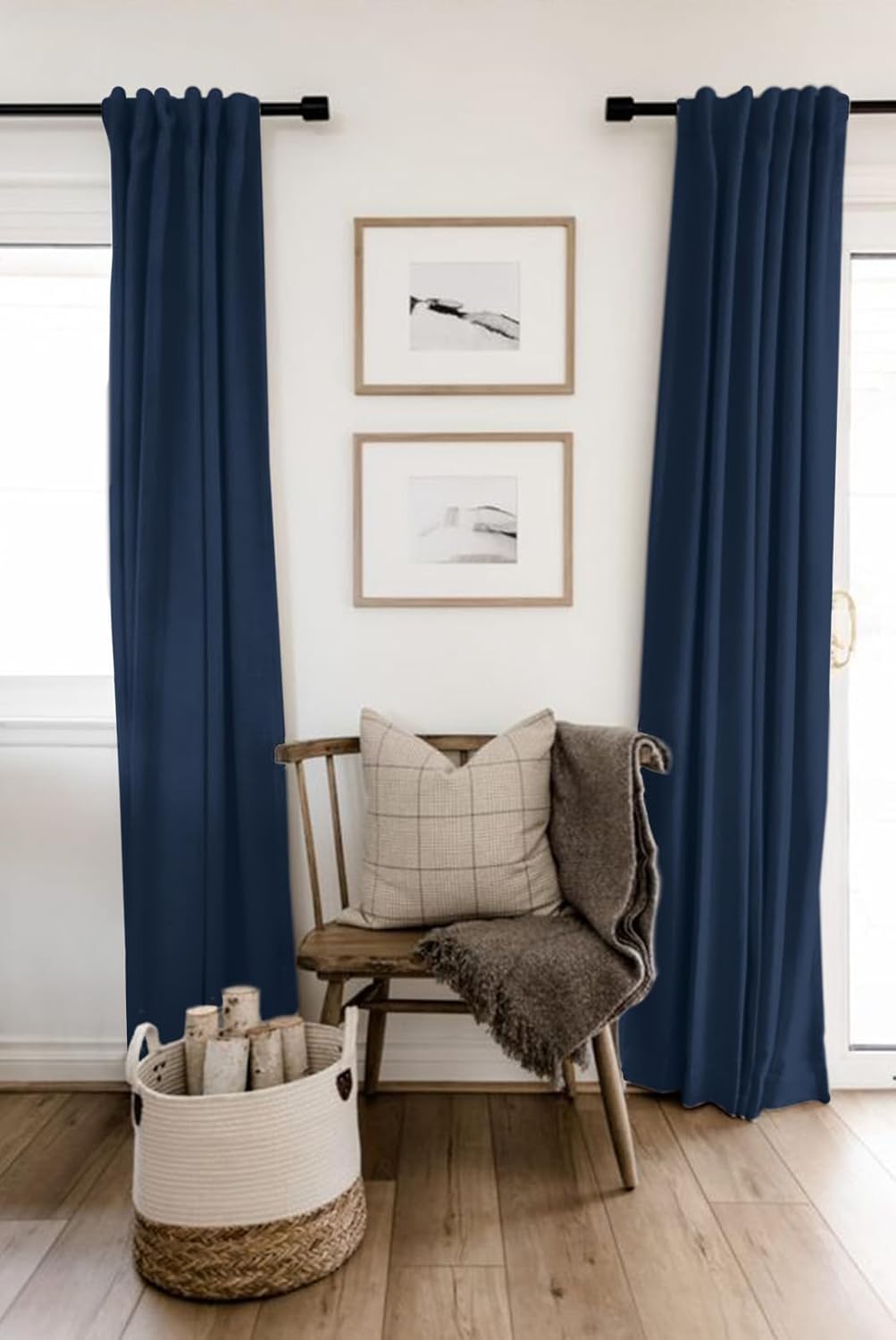 Skiennix 100% Blackout Linen Curtains - Thermal Insulated Drapes, 50" W x 102" L, Midnight Blue | 2 Panels Set