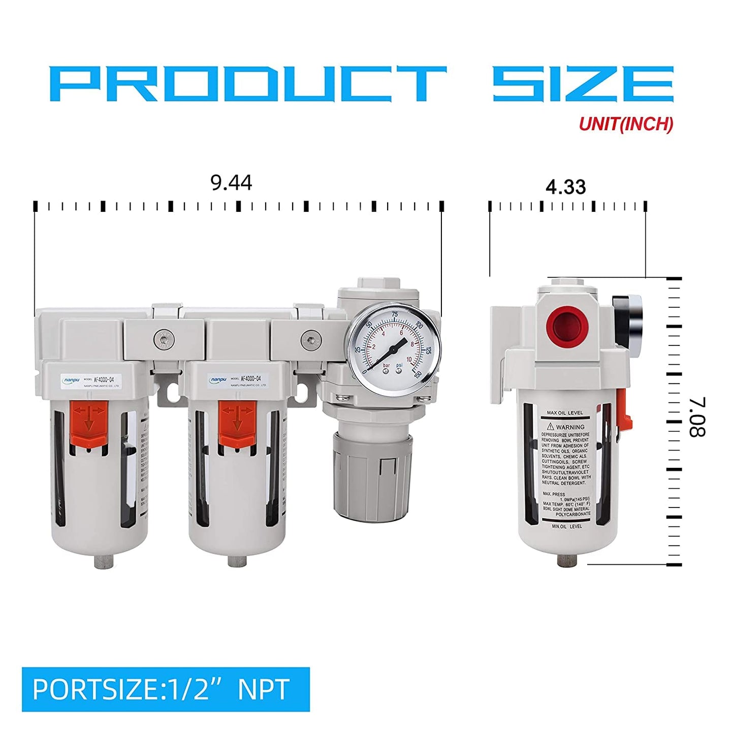 NANPU 1/2" NPT Air Drying System - Double Air Filters, Air Pressure Regulator Combo - Semi-Auto Drain, Poly Bowl