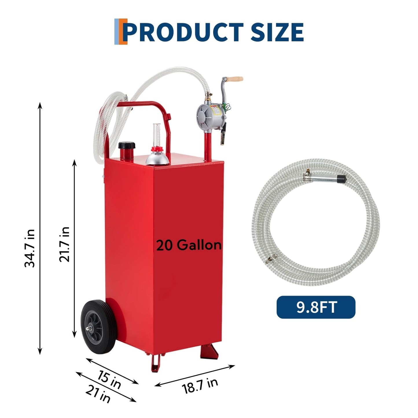 20 Gallon Fuel Caddy, Portable Gas Storage Tank with Manual Transfer Pump, Hose & 2 Wheels, Gasoline Diesel Fuel Container for Cars, ATVs, Boats, Lawn Mowers, Red