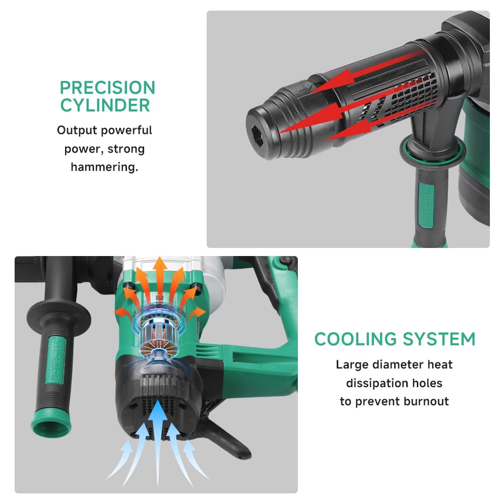 Hoteche 1050W Demolition Hammer, 15J Impact Force Jack Hammer with 4000/min Impact Frequency, Green, Color Box + Plastic Case Packaging