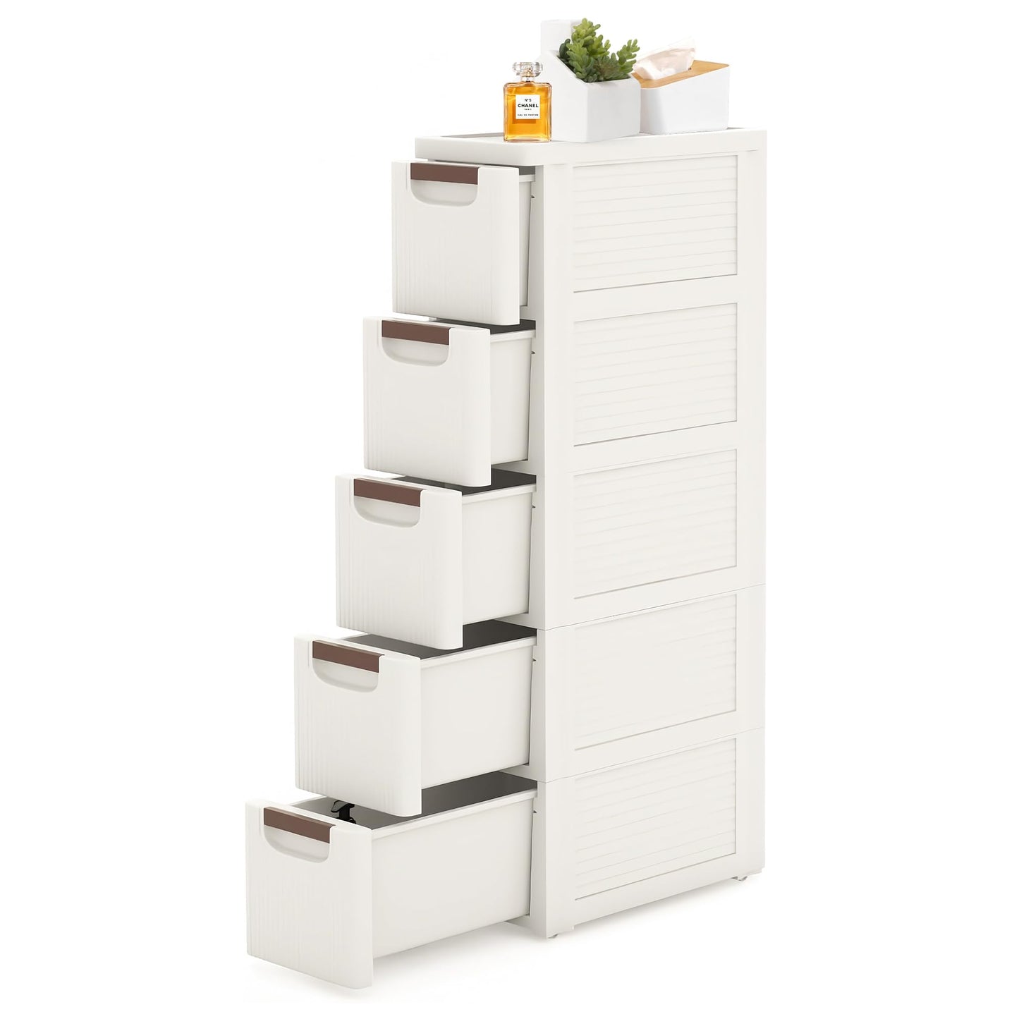 5 Drawers Slim Bathroom Storage Cabinet Dresser, Narrow Plastic Rolling Cart Organizer with Drawers, for Small Spaces, Kitchen, Laundry, Office, Bedroom, White