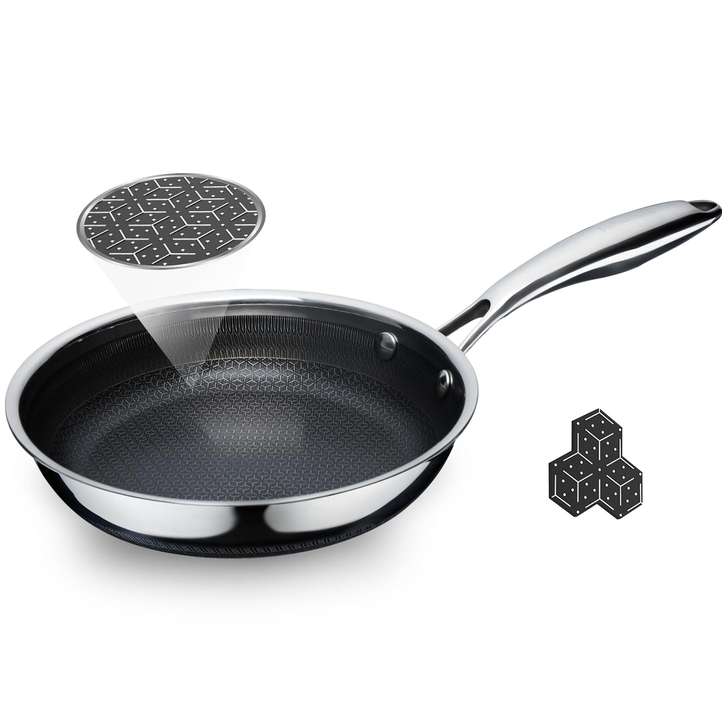 SAKAMOSH 8" Non Stick Frying Pans, Hybrid Ceramic Stainless Steel Pan, Skillet with Stay-Cool Handle, Non Toxic, PFAS PFOA PTFE Free, Dishwasher & Oven Safe, Induction, Compatible with All Cooktops