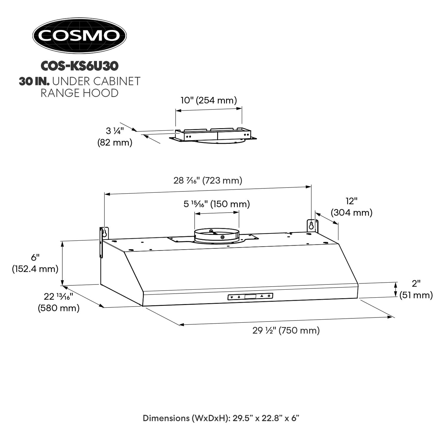COSMO COS-KS6U30 30 in. Haven Collection 500 CFM Ducted Under Cabinet Range Hood, Touch Controls, LED Lights, Stainless Steel