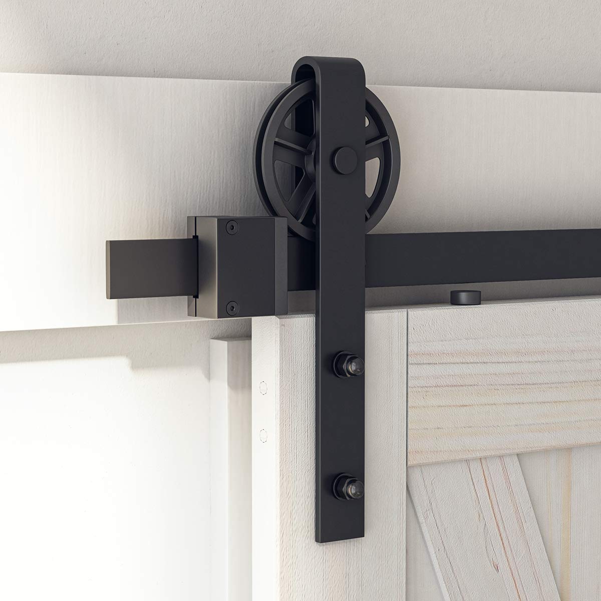 SMARTSTANDARD 8 FT Heavy Duty Sliding Barn Door Hardware Kit, 4FT - 18FT, Black, Smoothly and Quietly, Simple and Easy to Install, Fit 42"- 48" Wide Door Panel (Industrial Bigwheel Hangers)