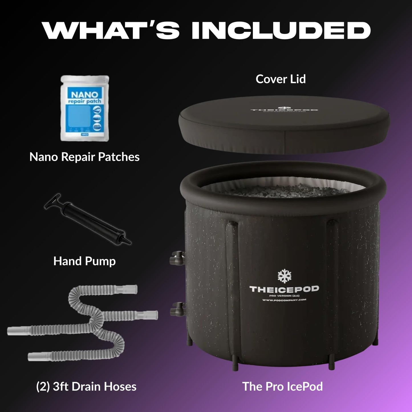 The Pod Company Ice Pod Pro Cold Plunge Tub, 110 Gallon (420L) Inflatable Ice Bath for Adults, Fits Up to 6'7", Insulated, Chiller Compatible, BPA-Free, UV-Resistant Nylon, Dual Drain Hoses