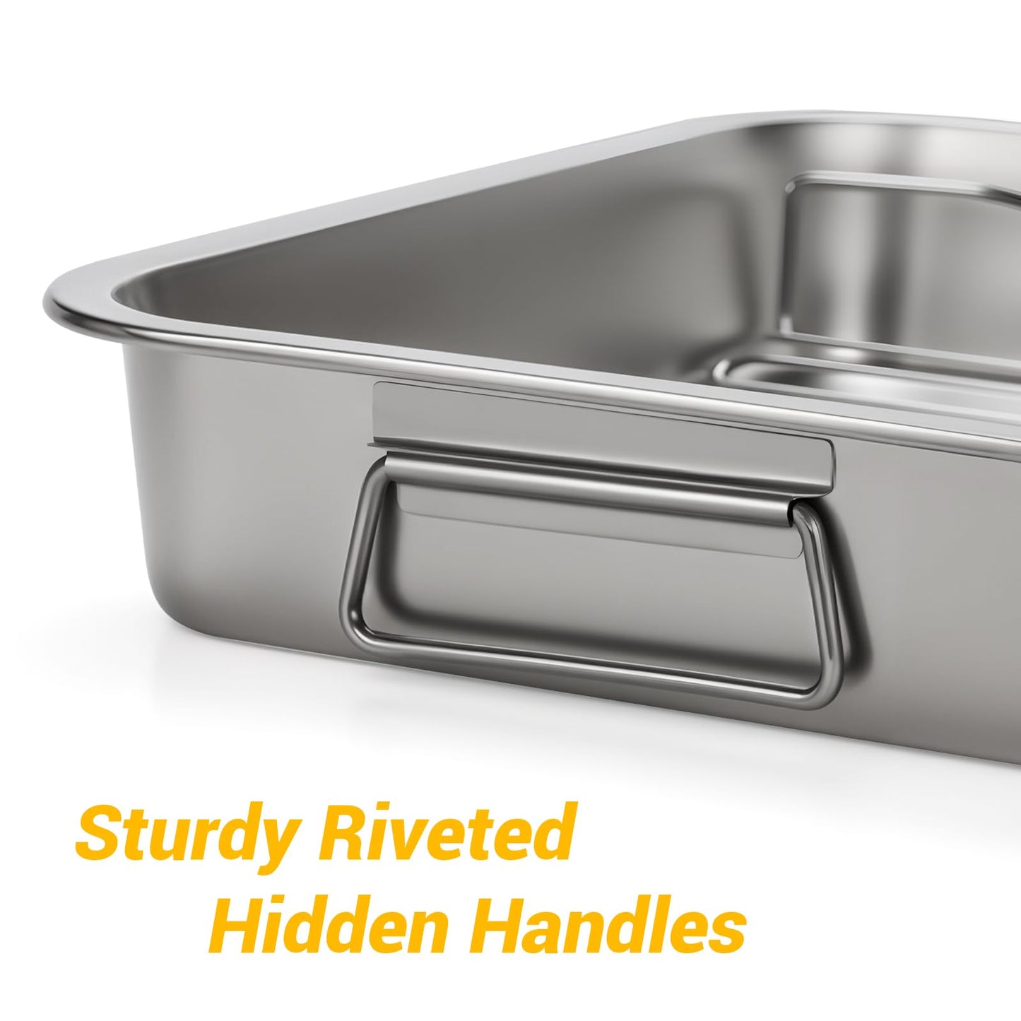 Tifanso Stainless Steel Roasting Pan - Heavy Duty Turkey Roasting Baking Broiler Oven Pan with Rack and Handle for Oven, High Sided Easy to Clean Induction Roast Tray for Chicken, Vegetable, Lasagna