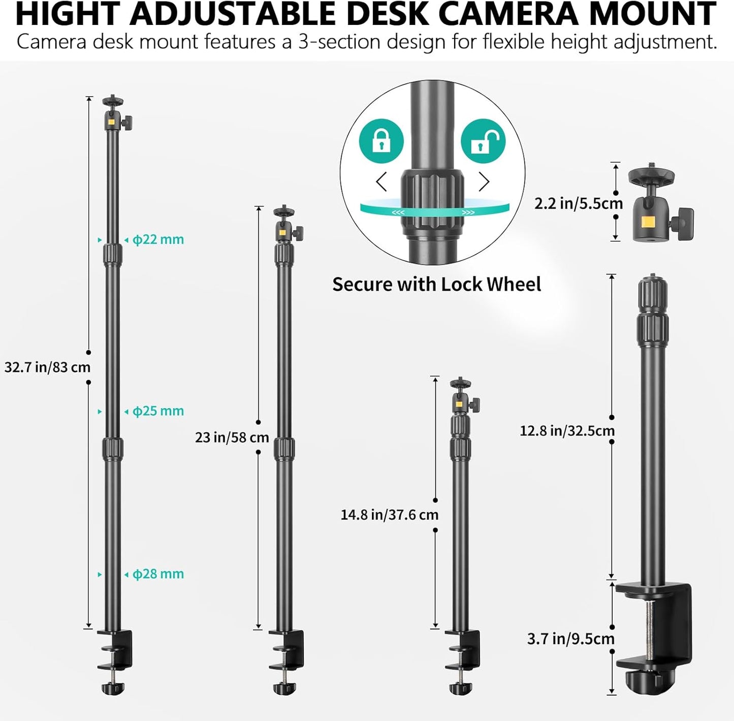 JEBUTU 1/4" Camera Desk Mount Table Stand with Ball Head, Adjustable Light Stand with Screw & C Clamp for DSLR Camera
