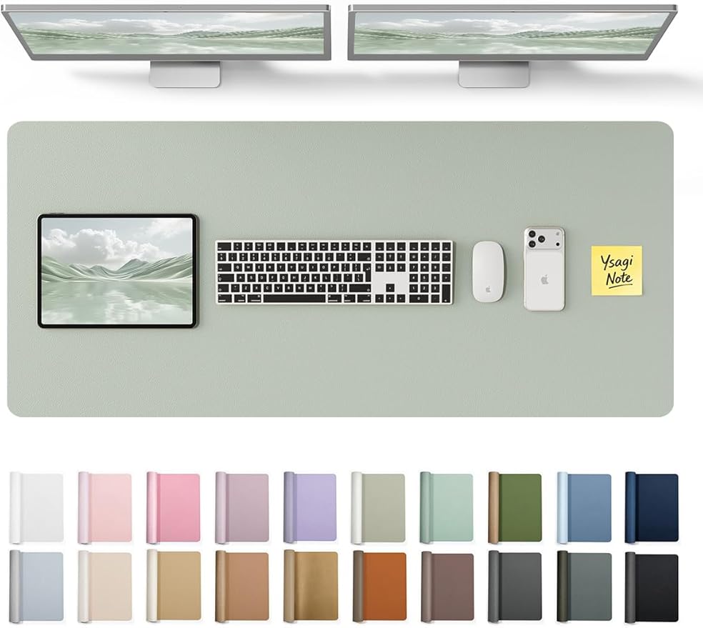 YSAGi Leather Desk Pad Protector, Office Desk Mat, Large Mouse Pad, Non-Slip PU Leather Desk Blotter, Laptop Desk Pad, Waterproof Desk Writing Pad for Office and Home (Grayish Green, 47" x 17")
