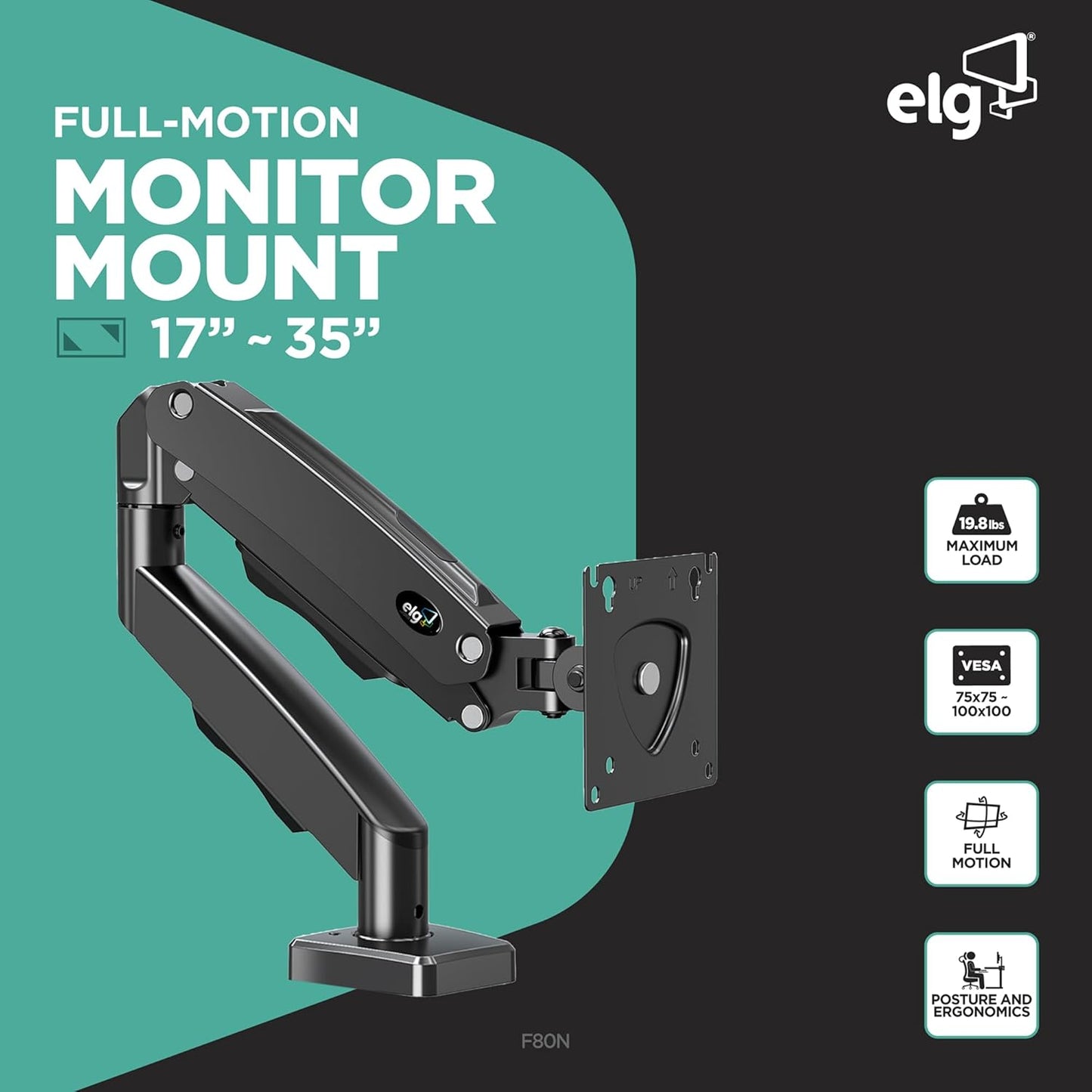 ELG 17-35" 4.4-19.8 lbs, Grommet, 75x75mm 100x100mm, Full Motion Gas Spring Single Monitor Desk Mount with Swivel, Tilt