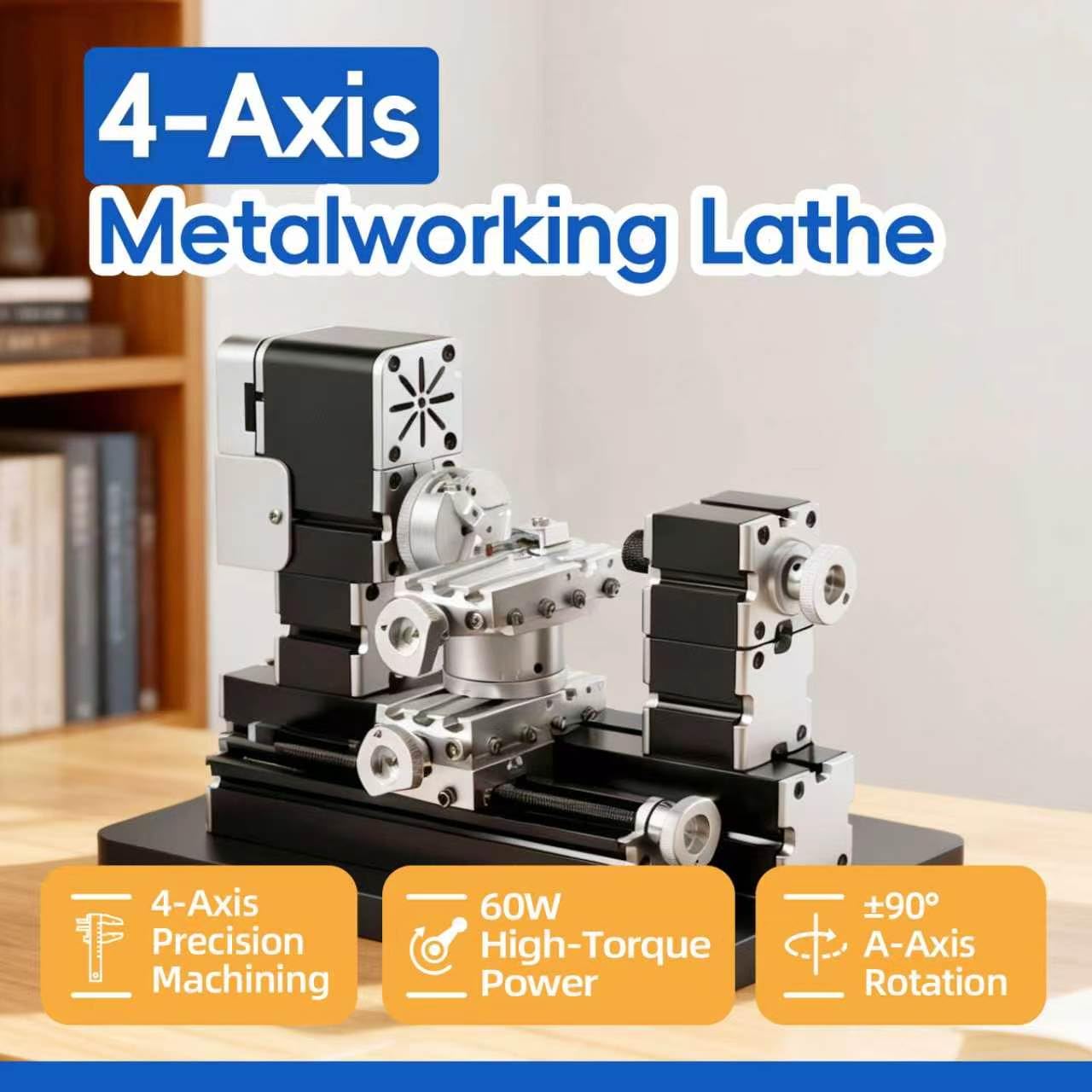ZHRUI Mini Metal Lathe 60W 12,000 RPM, 4-Axis All-Machine Tool for Soft Metal Wood Acrylic Plastic, Precision Micro Lathe with Safety Guard Quick Indexer 0.02mm Scale (Gold Silver Aluminum Copper)