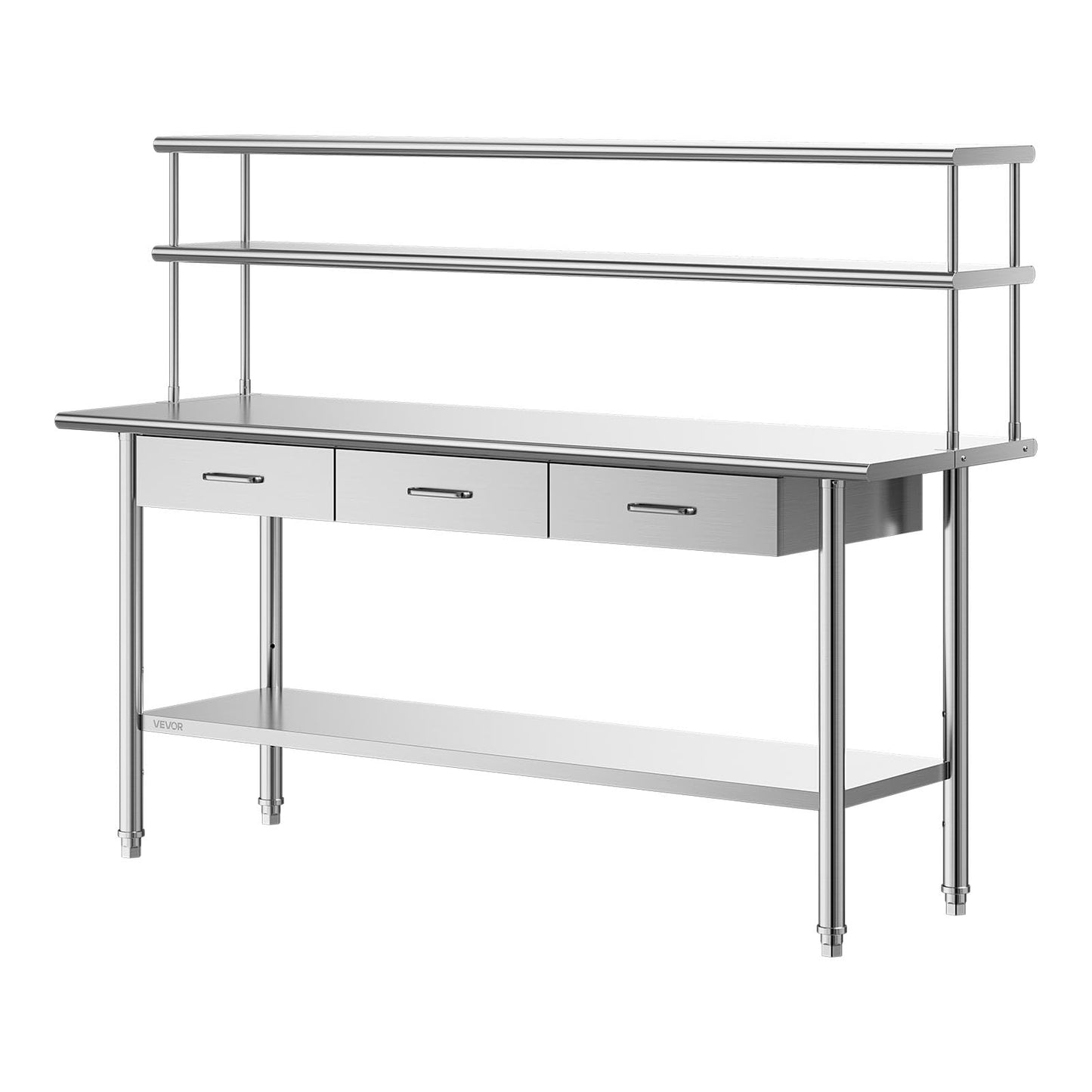 VEVOR Stainless Steel Work Table, 24x72 Inch Food Prep Table with Overshelves and 3 Drawers, Commercial Kitchen Workstation with Adjustable Undershelf, Metal Utility Worktable, for Restaurant Garage