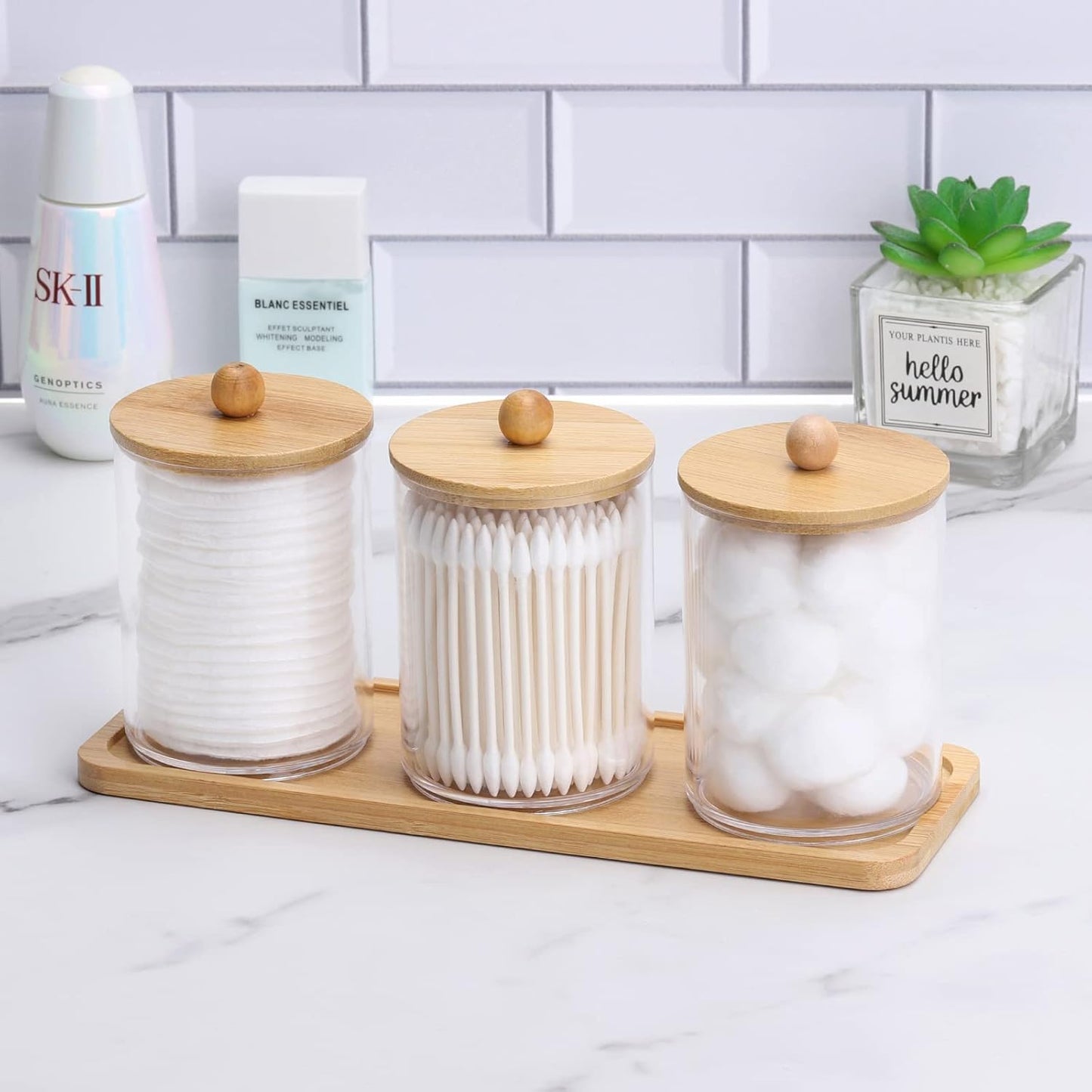 Tbestmax Cotton Swab Holder Set - Clear Apothecary Jar with Wood Lids | 10 Oz Bathroom Storage Containers (3 Pack)