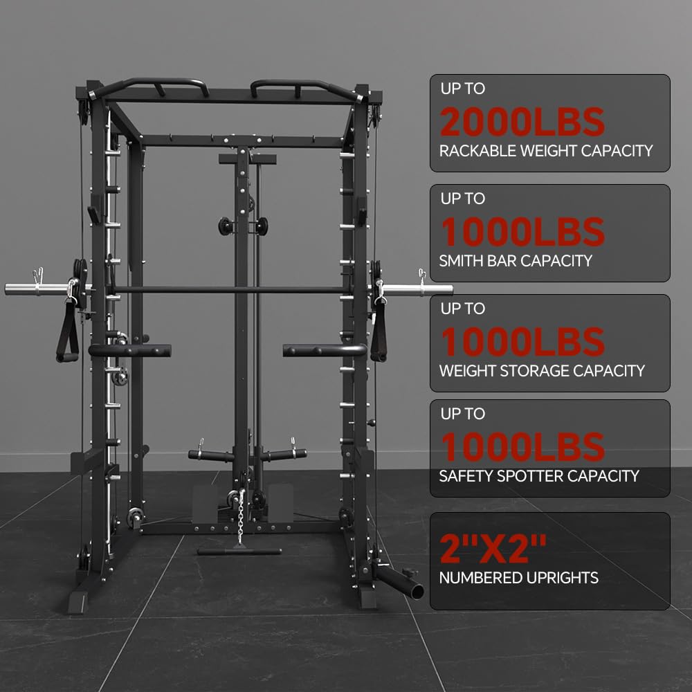 Fagus H All-in-One Smith Machine Power Cage with Dual Cable Crossover, LAT Pulldown & Weight Stack System,Multifunctional Home Gym Machine with LAT Pulldown, Chest Press, Leg Extension & Row