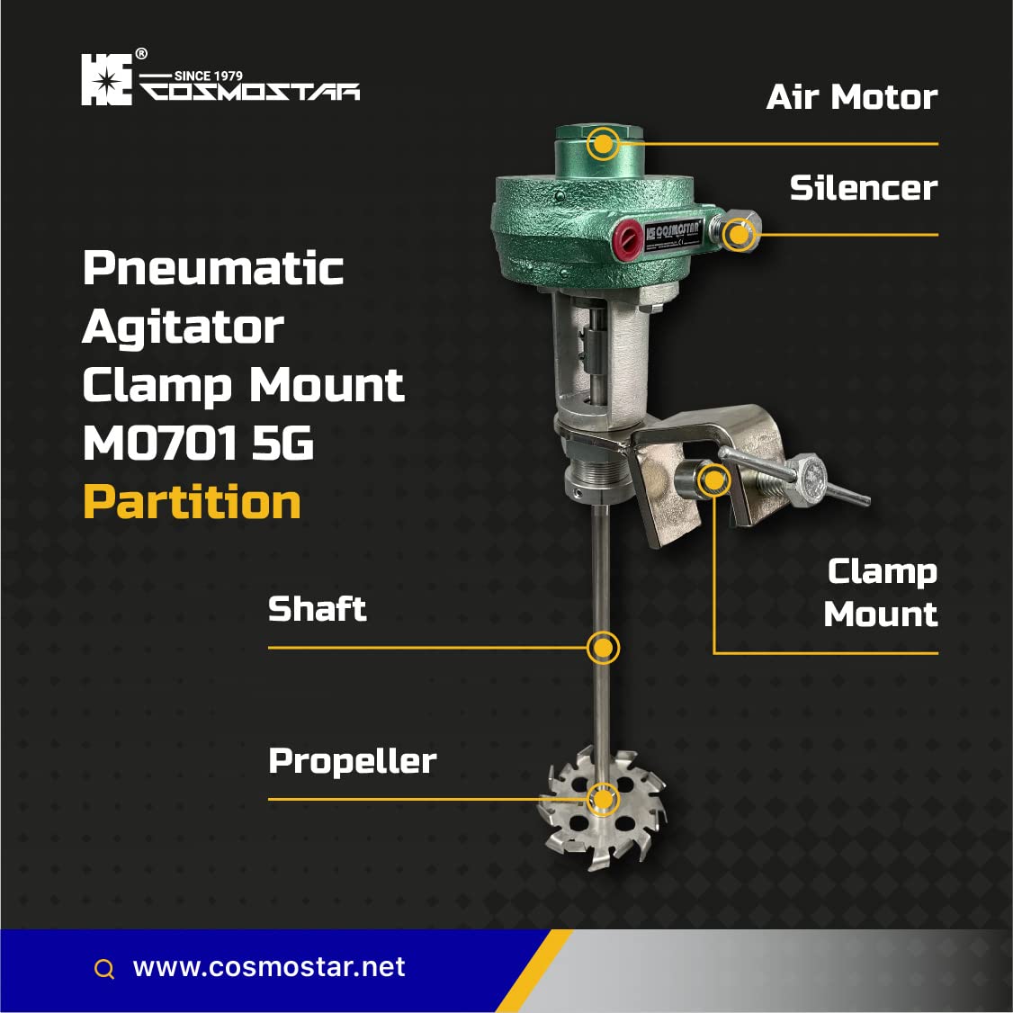 COSMOSTAR M0701 1/8HP 5 Gallon Pneumatic Agitator Clamp Mount Paint Mixer | Drum Mixer | Pneumatic Bracket Mixer, Paint Stirring Machine Bracket Air Agitator Mix Tool,Mixing Machine