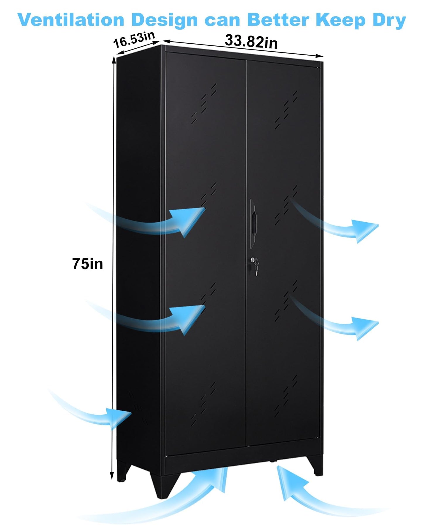 OSEILLC Metal Storage Cabinet with Locking Doors, 75" Tall Garage Cabinet with Hanging Rod, Broom Closet/Freestanding Bathroom Storage Cabinet, Cleaning Tool Storage