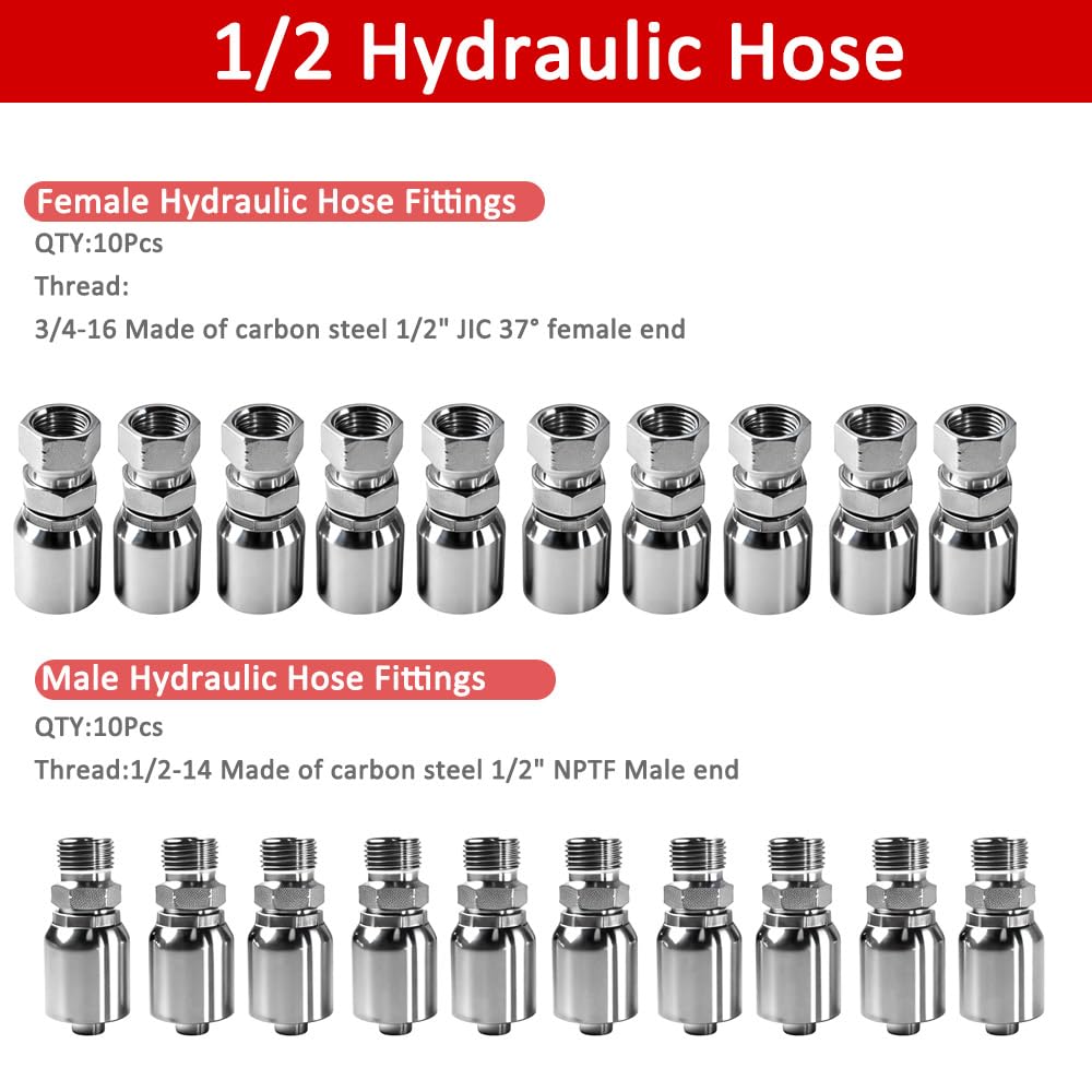 FUZIDDN 50Ft 1/2 Inch Hydraulic Hose & Fittings Kit, 20PCS JIC 37° & NPTF Fittings, 5800 PSI High Pressure Hydraulic Hose, Replacement for Excavator, Tractor, Loader Hydraulic System Repair