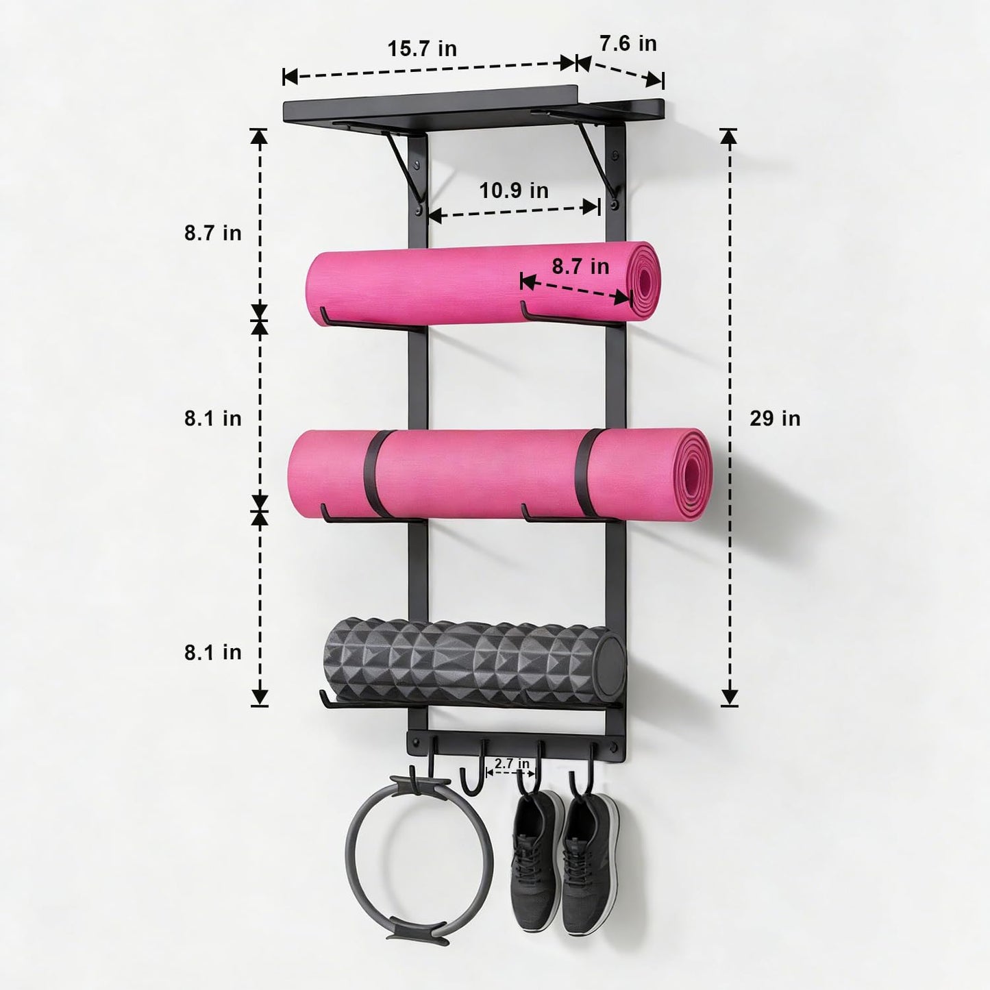 LFIPYM Black Wall Mount Yoga Mat Holder with Floating Shelf & 5 Hooks, Home Gym Storage Rack for Yoga Mats, Foam Rollers and Resistance Bands, Metal