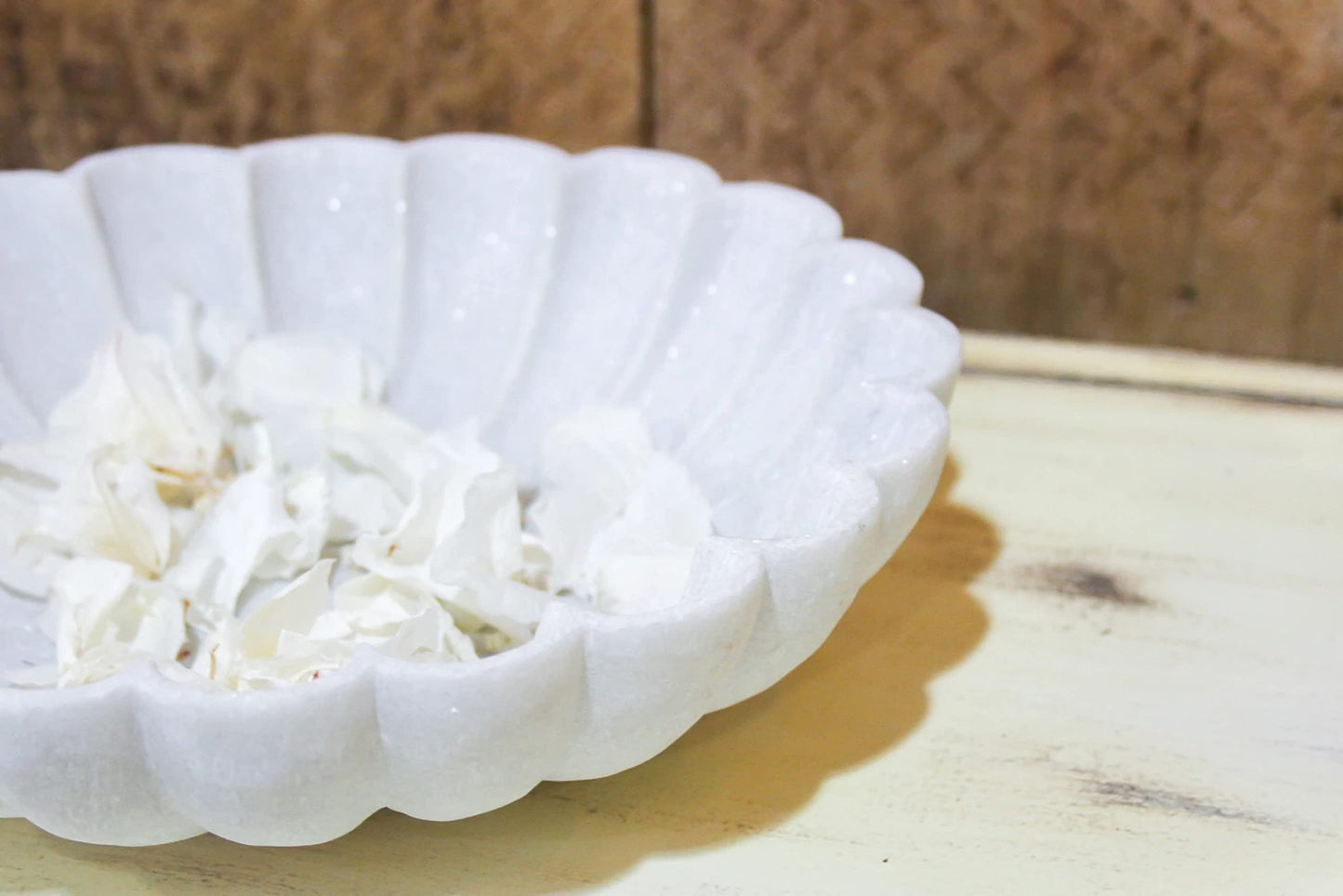PUSHPA EXPORTS Handcrafted Marble Decorative Bowl Ripple Marble Bowl White Marble Flower Bowl Decorative Marble Scallop Bowl Ruffled Marble Bowl Ring Dish (3 inch)
