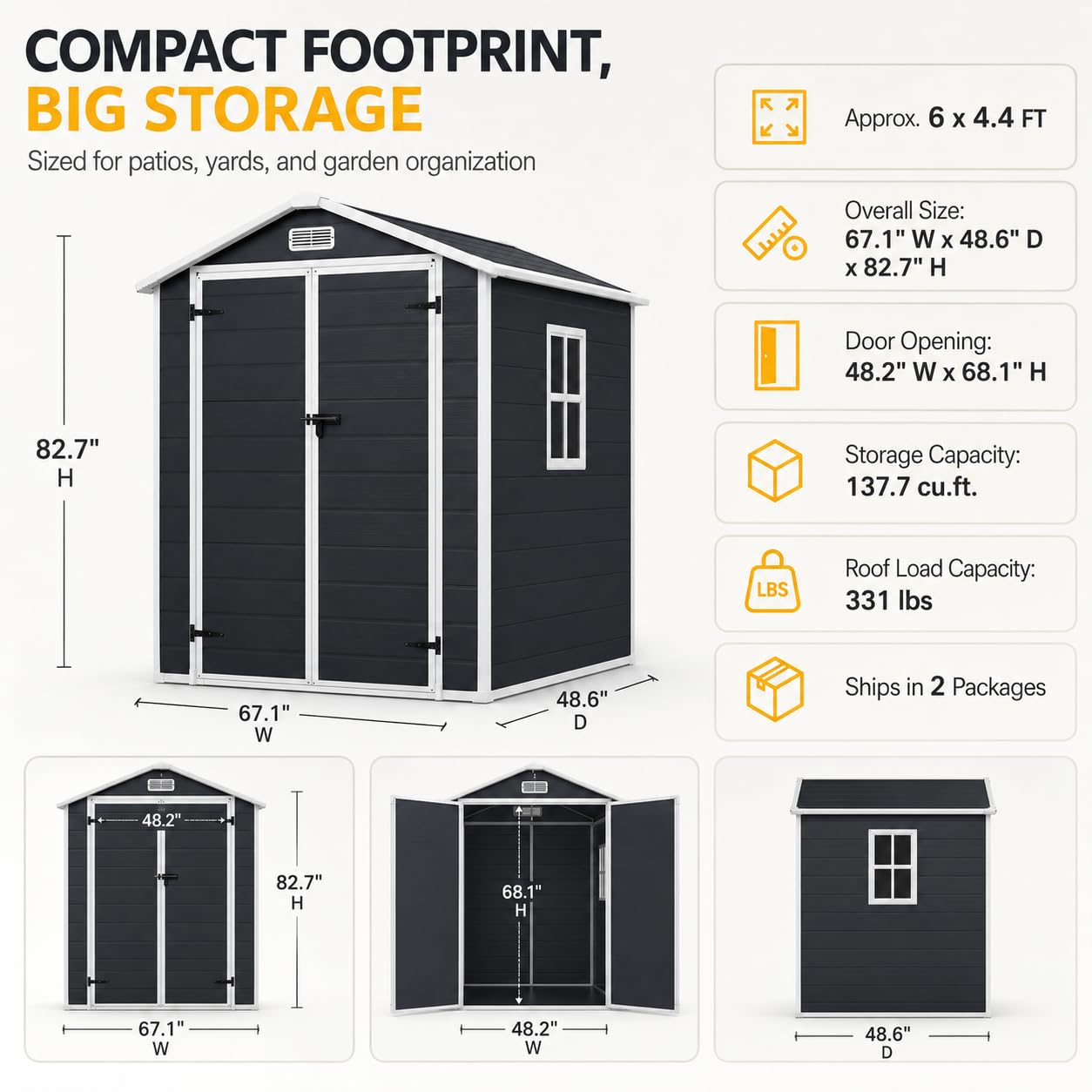 HUGROVE 6×4ft Outdoor Storage Shed with Floor, Waterproof & UV-Resistant Resin Garden Shed for Backyard with Lockable Double Doors, Air Vents & Side Window (Dark Gray)