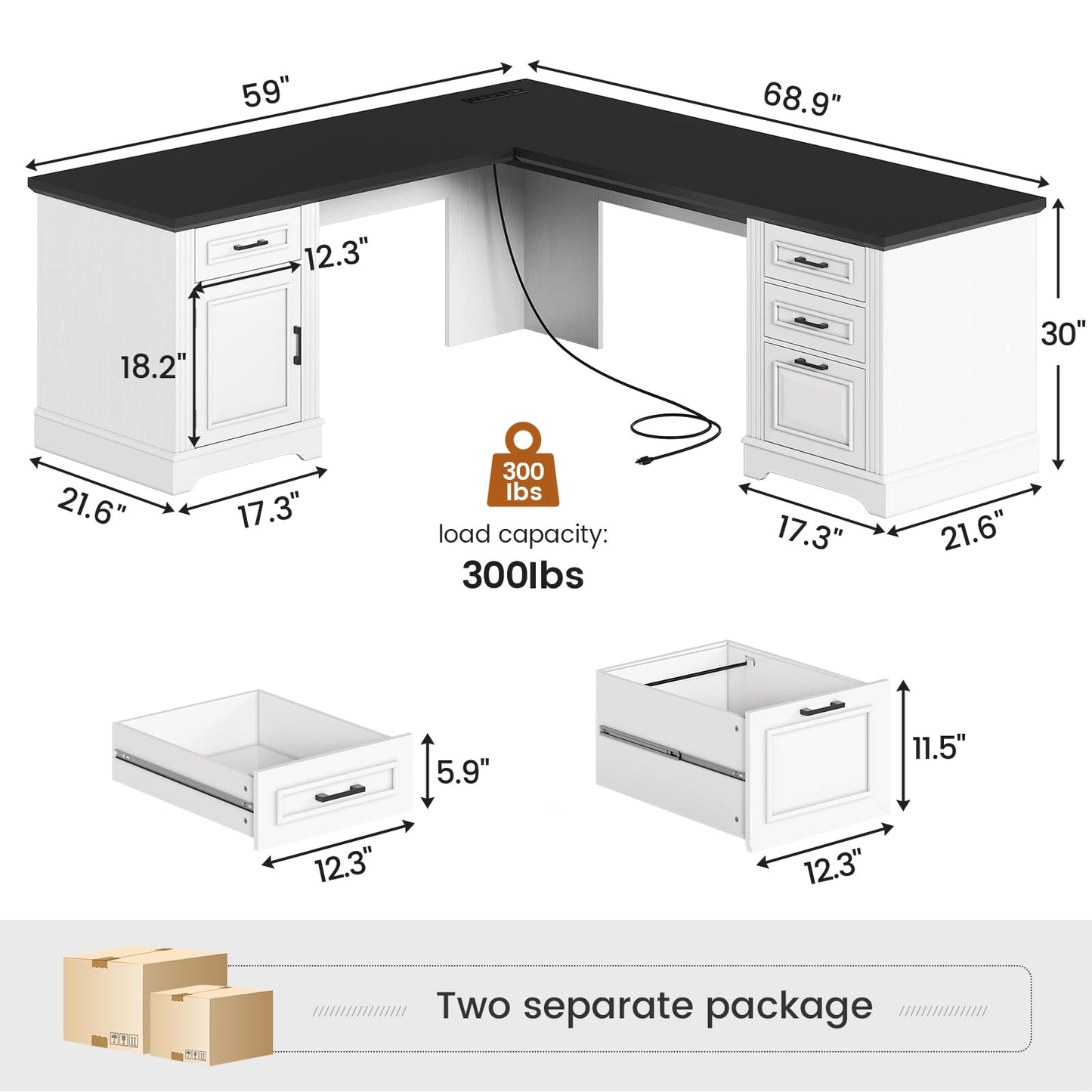 SEDETA Farmhouse 69" Executive L Shaped Desk, Home Office Desk with Drawers and Storage Cabinet & Power Outlet, Corner Computer Desk, White