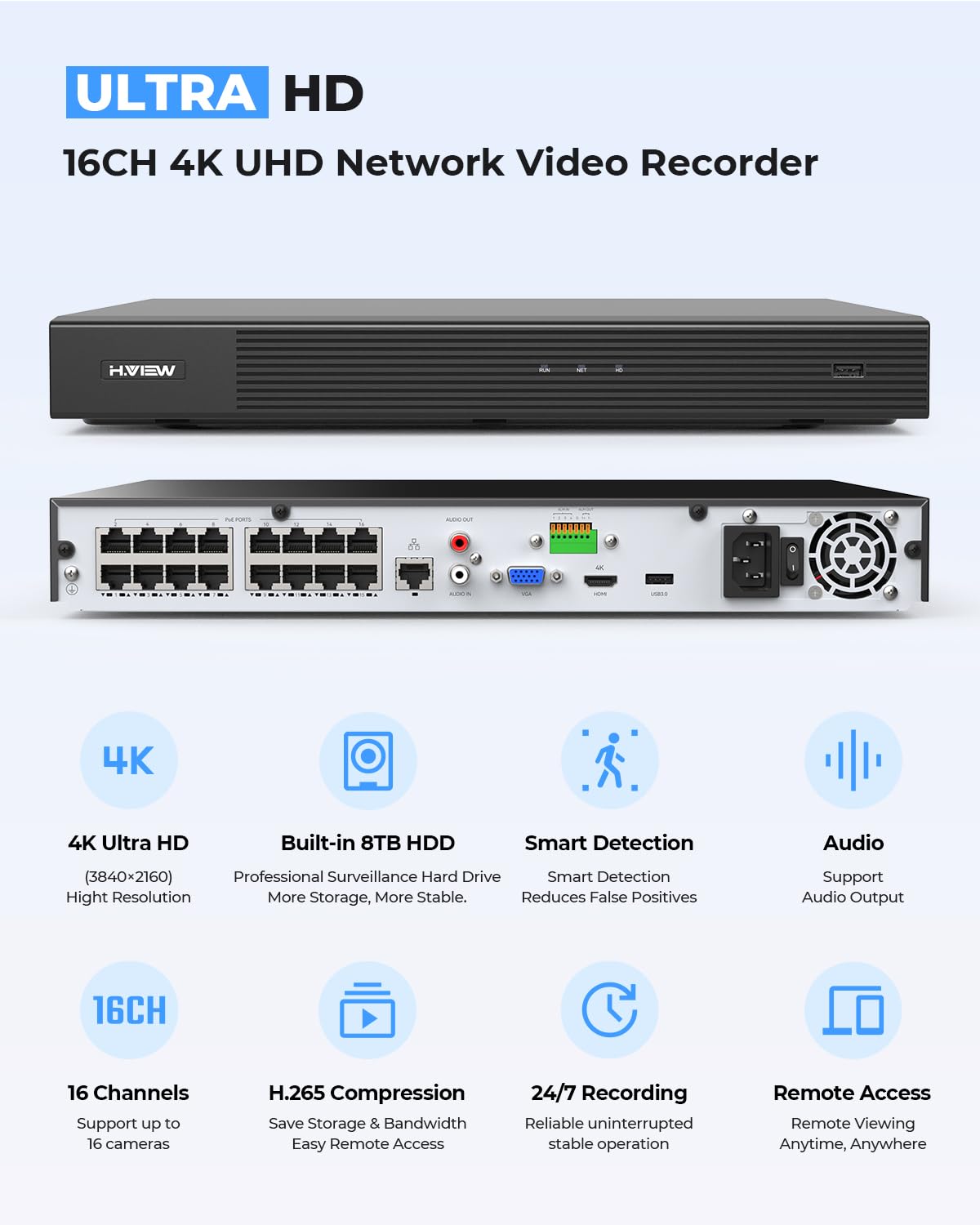 H.VIEW 16 Channel 4K PoE Security Camera System, 16CH Commercial NVR Ultra Large 8TB, 16x 8MP Outdoor IP Cameras with Audio, AI Smart Human Detection, 16x Cables, Wired CCTV for Business