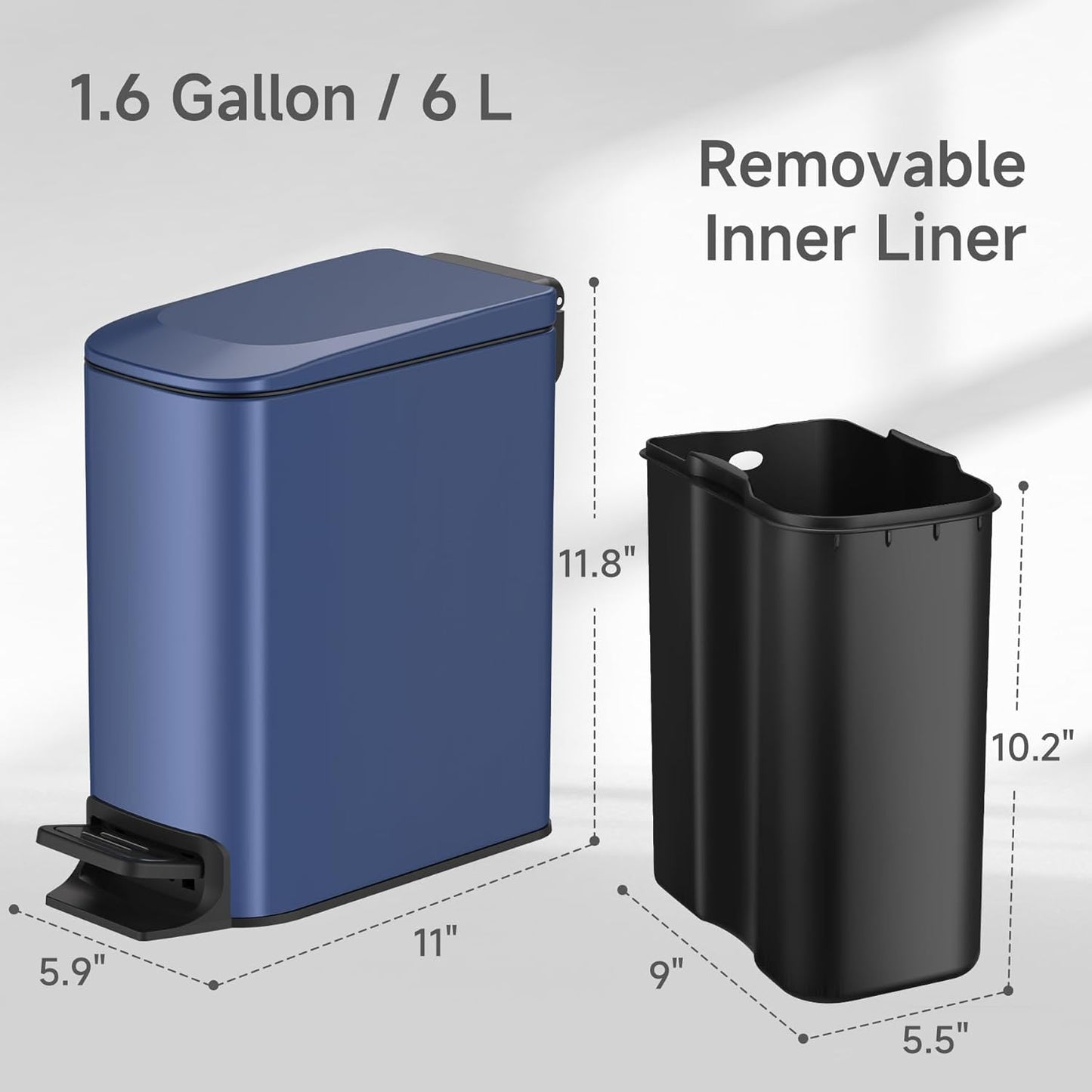 TIPGO Slim Bathroom Trash Can - Soft Close Lid & Step Pedal | 6 Liter Stainless Steel Bin in Navy Blue