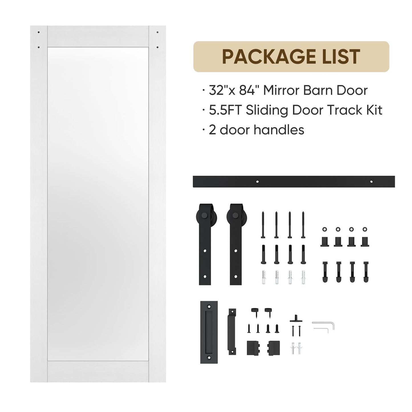 BARNSMITH 32in x 84in Mirror Barn Door with 5.5FT Sliding Door Hardware Kit Included, 1 Lites Full Length Mirror Door, Solid Wood Water-Proof PVC Surface,No Assembly Required,White