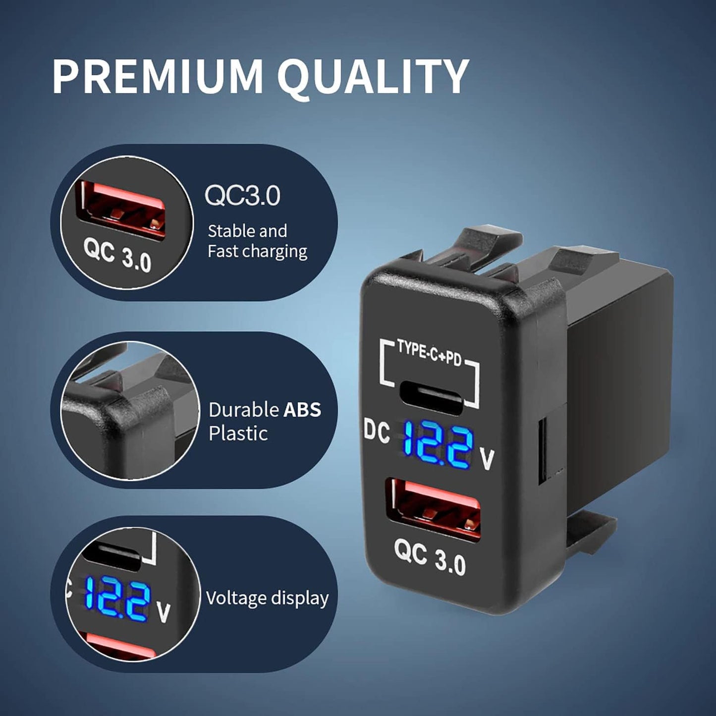 Cllena 3.0 Quick Charge & PD USB C Dual USB Port Charger Socket Power Adapter for Toyota