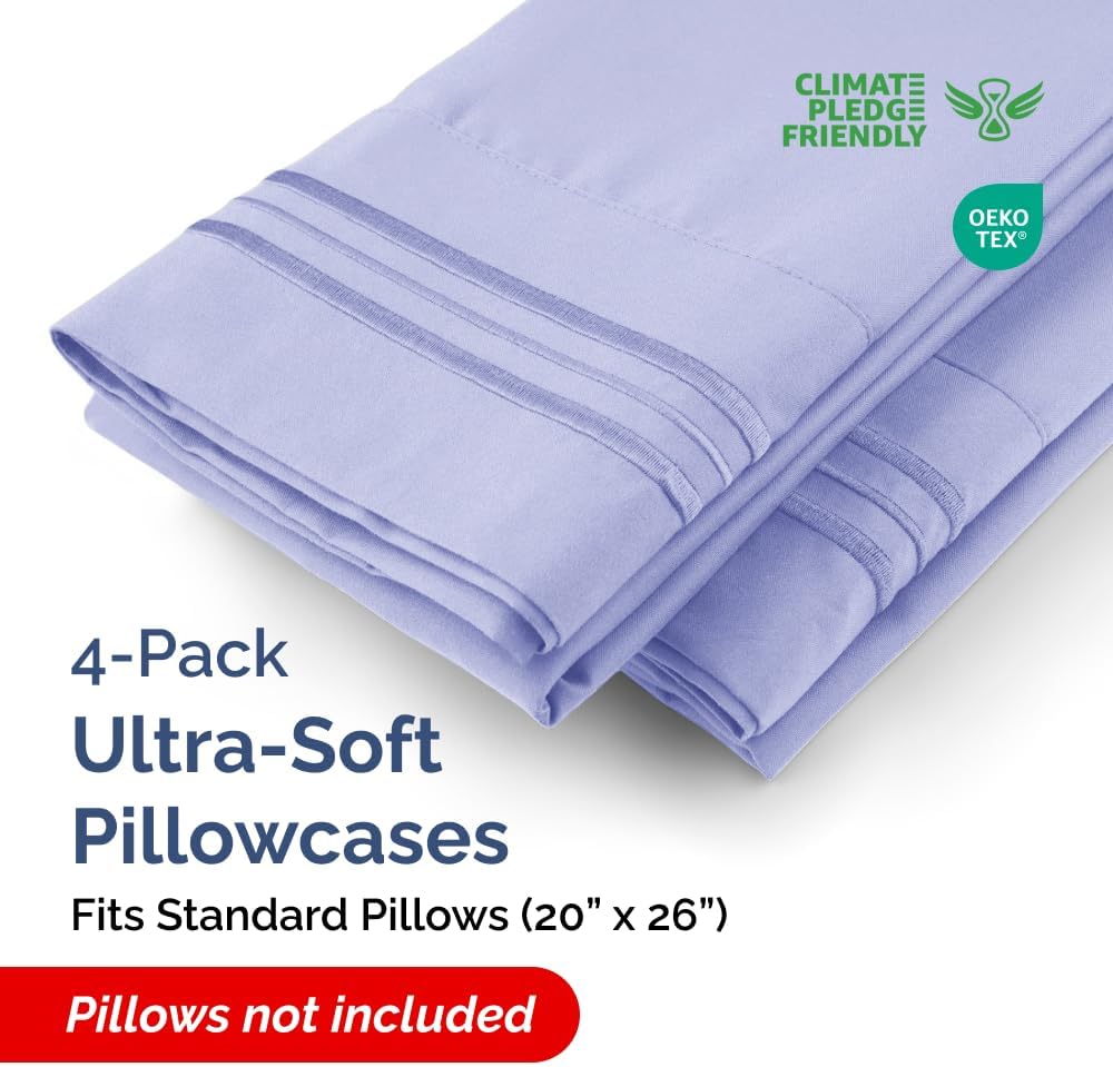 Skiennix Standard Pillow Cases Set of 4 - Ultra Soft Hotel Quality Covers - Lavender Machine Washable