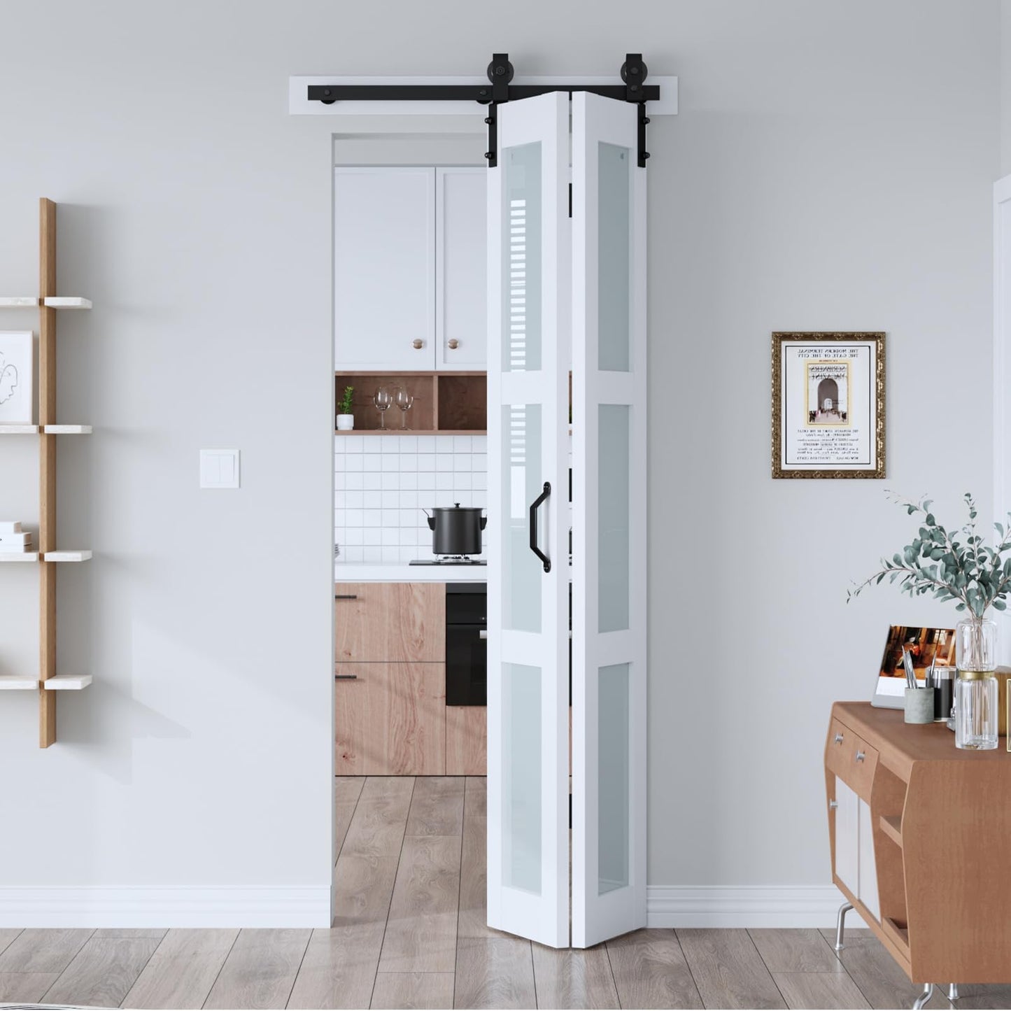 EaseLife 32"x 84" (Double 16" x 84") Bifold Barn Door, Bifold Sliding Barn Door with Hardware Kit, Solid MDF Wood Slab Covered with Water-Proof PVC Surface, Frosted Glass Panel, Assembly Required