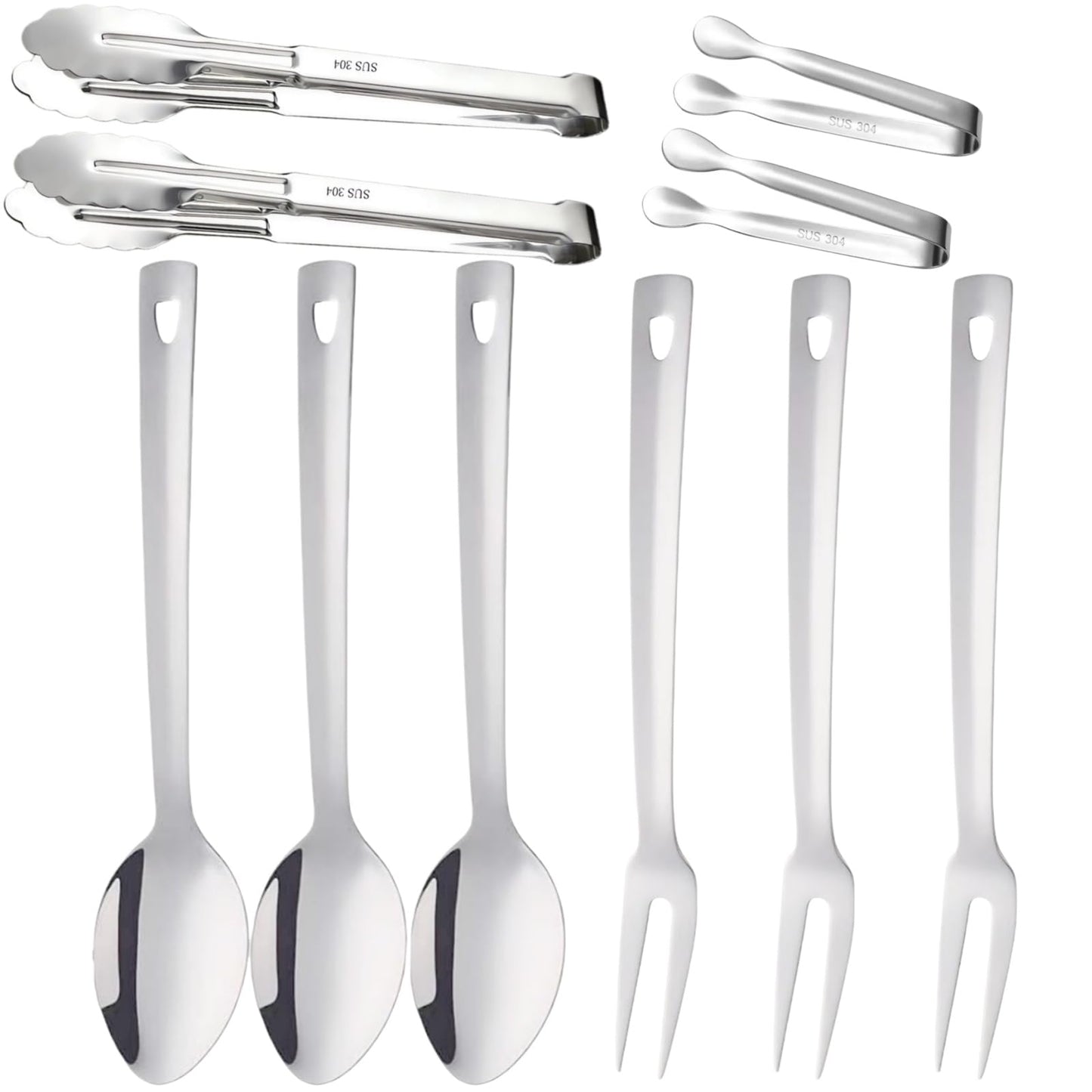 10-Piece Large Flatware Serving Utensils Sets, Stainless Steel Long Handle Serving Spoons, Heavy Duty Serving Forks, Serving Tongs, Mini Sugar Tongs for Buffet Catering Banquet Party (Silver)