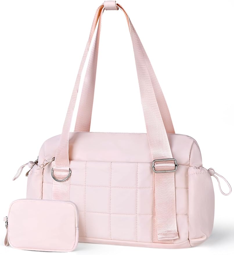 VUUDH Puffy Mini Gym Bag for Women, Carry On Multi-Pocket Water-Resistant Duffel, Lightweight Sports Bag for Fitness, Work, Travel, Daily Commute,Pink