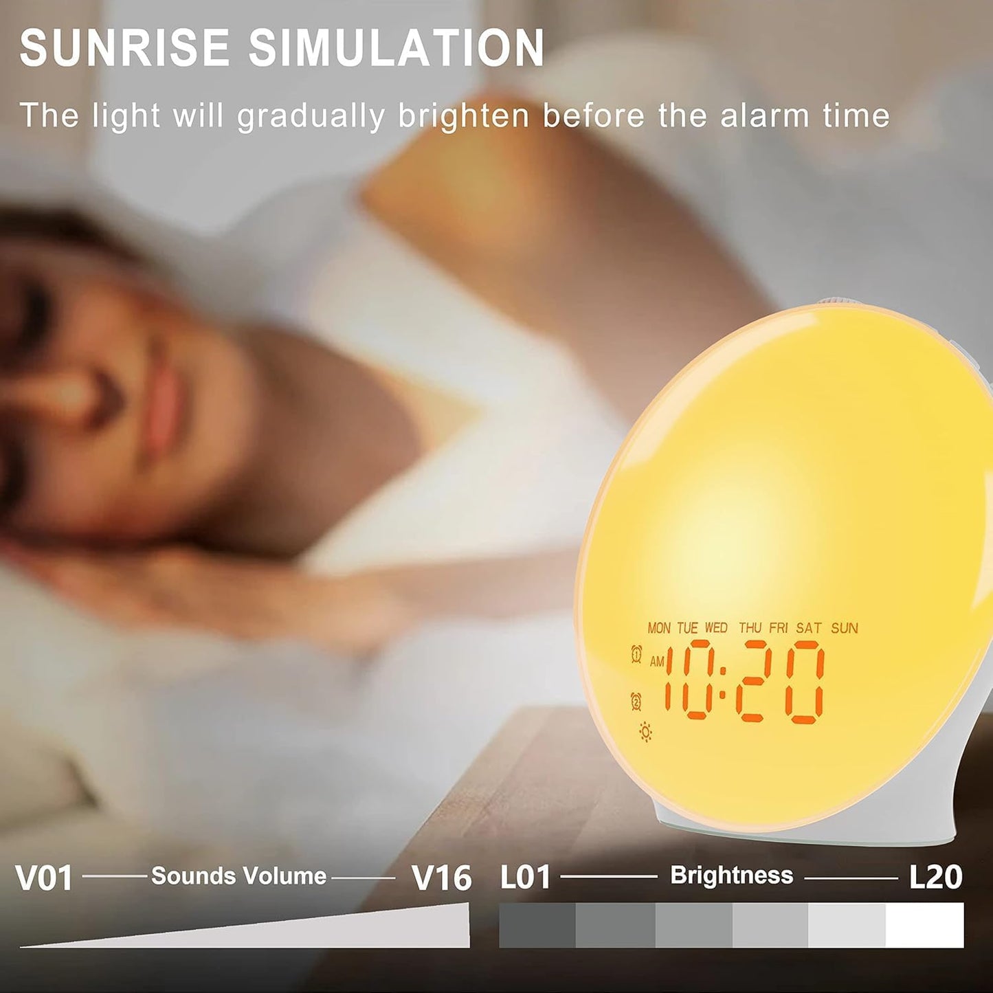 17 5W 25 Wake Up Light Sunrise Alarm Clock for Bedroom, Nightlights, Sound Machine with Bluetooth Speaker, Soothing