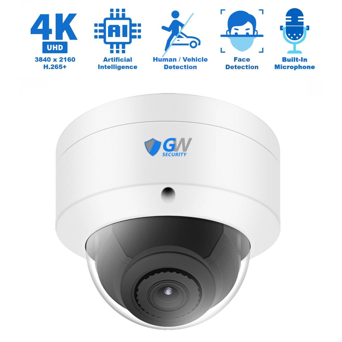 GW Security 8 Channel 12MP NVR UltraHD 4K (3840x2160) NDAA Security Camera System with 4 Bullet and 4 Dome 4K (8MP) IP Microphone Outdoor/Indoor Face Recognition PoE AI Camera, 100ft Night Vision