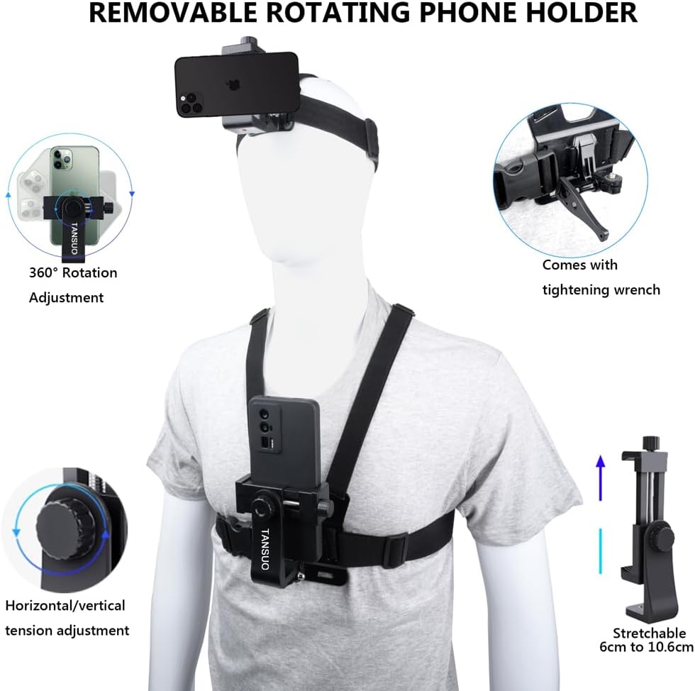 TANSUO Chest Mount Strap Harness Head Strap, Quick Release Chesty Body Mount with Phone Clip, Head Strap+Chest Strap