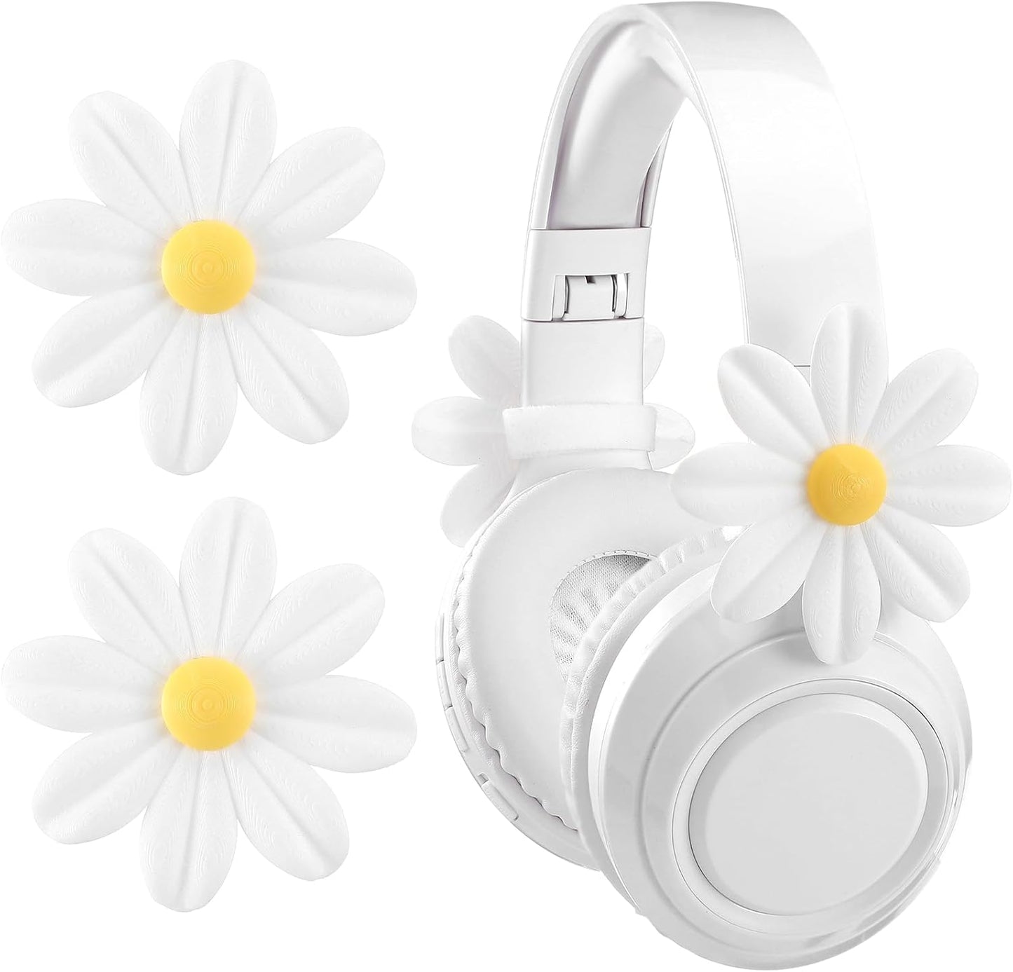Fiwochic 2 Pack 3D Headset Headphone Accessories Decoration Daisy Flower Decor Cute Printed White Daisy Cute Attachment
