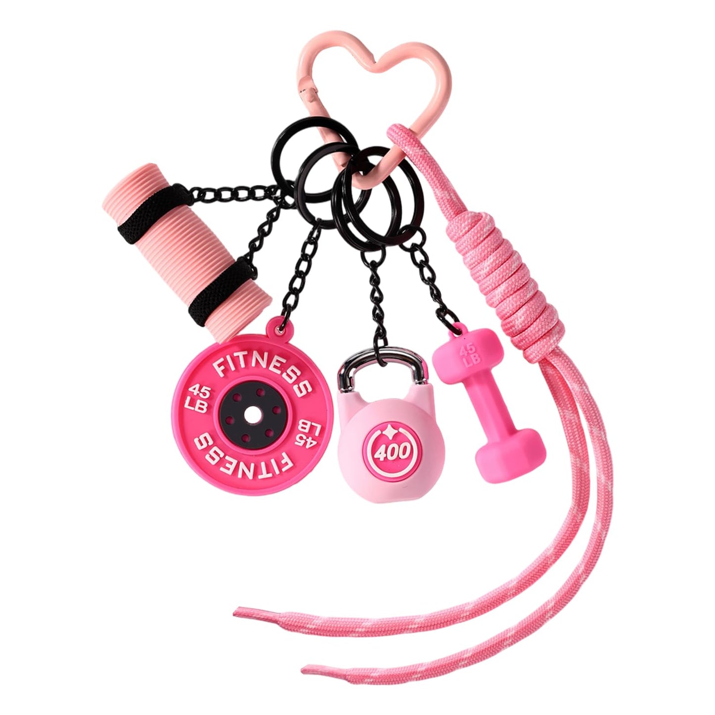 Sinbana Gym Keychain, 5 Styles Pink Dumbbell Kettlebell Barbell Plate Yoga Mat Design Gym Keychain Gift Motivational Fitness Accessories for Men Women Sports Lovers Trainer Friends Family
