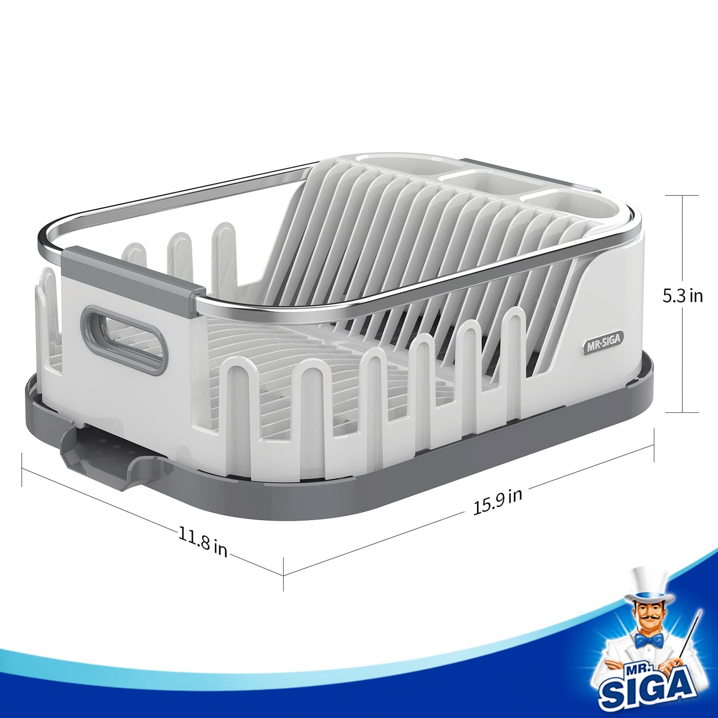 MR.SIGA Dish Drying Rack for Kitchen Counter, Compact Dish Drainer with Drainboard, Utensil Holder and Cup Rack, Plastic Kitchen Drying Rack for Dishes, Cups, Knives, Spoons and Forks, White