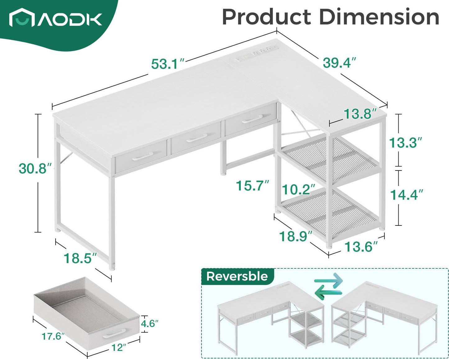 AODK 53 Inch L Shaped Computer Desk with Drawers, Corner Desk with Power Outlets & Reversible Storage Shelves, for Home Office Gaming, White