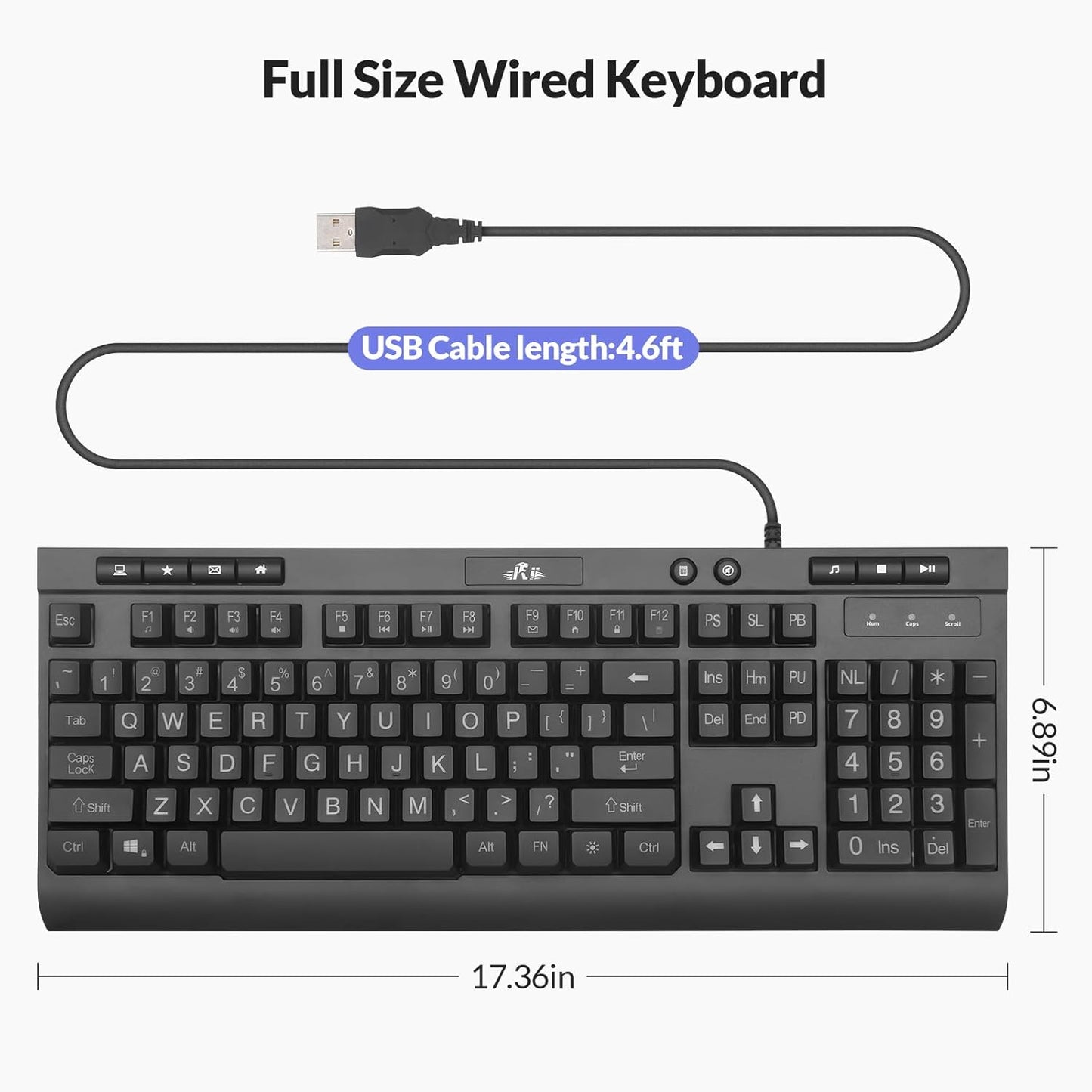 Rii RK900Pro Large Print Backlit Keyboard,Wired USB Full Size Computer Keyboard with Blue Backlight, Compatible