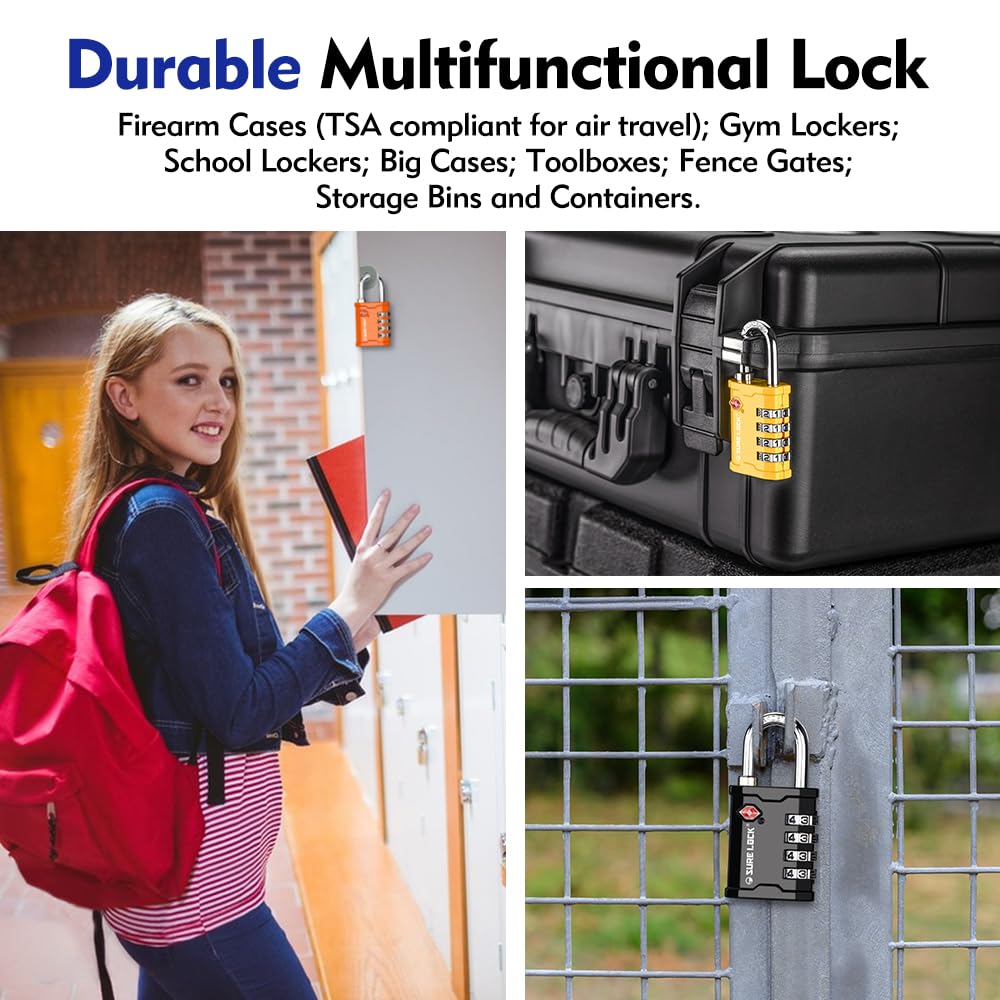 SURE LOCK TSA Accepted 4 Dig Heavy Duty Big Combination Luggage Padlock All Metal Travel Lock for Equipment Hard Case Luggage Gun Case Gym Locker Pelican Vault Lock (2, Grey)