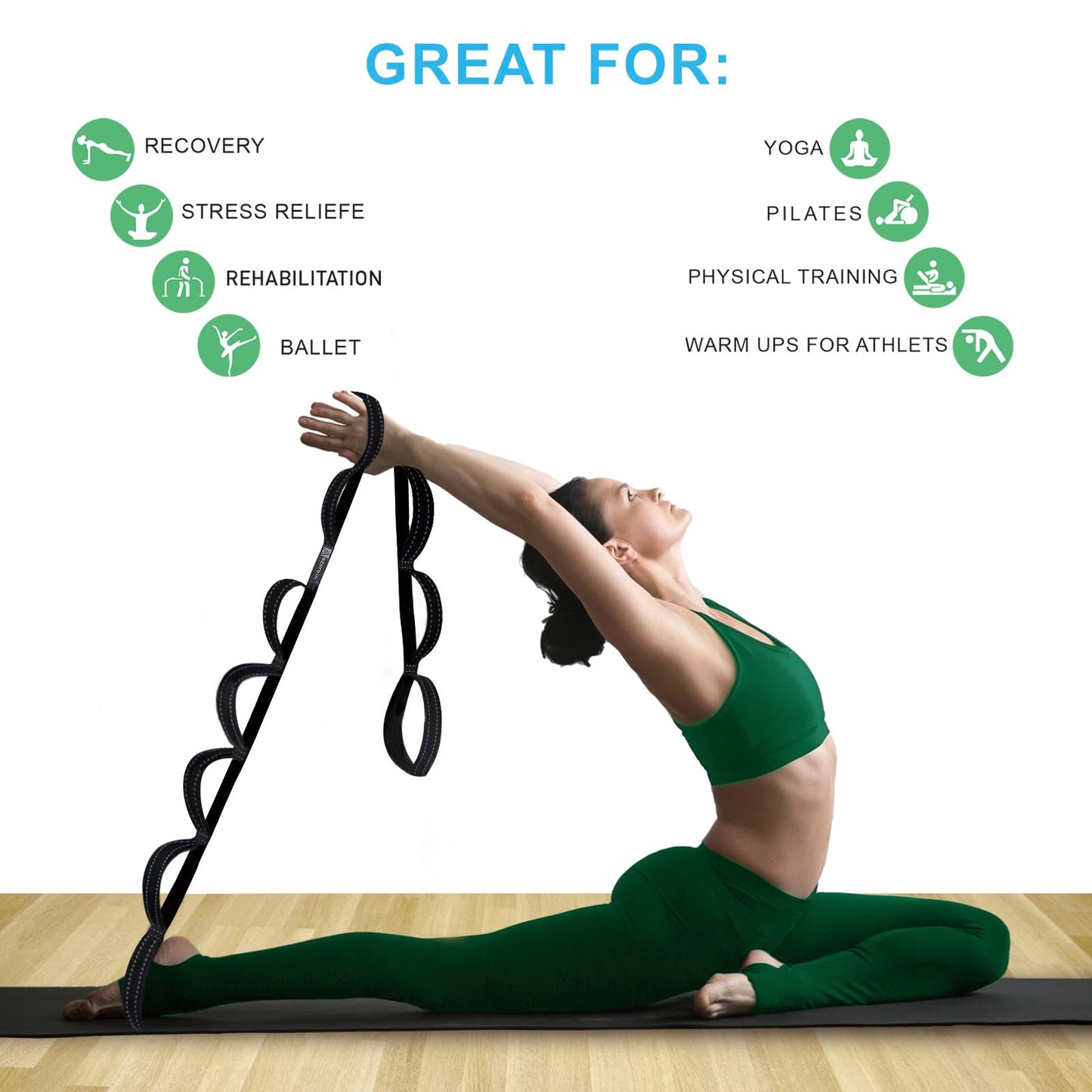 A AZURELIFE Premium Durable Stretch Straps with Loops, Stretching Strap for Physical Therapy, Multi-Loop Yoga Strap Fitness Exercise Strap for Yoga, Pilates, Dance, Flexibility&Exercise