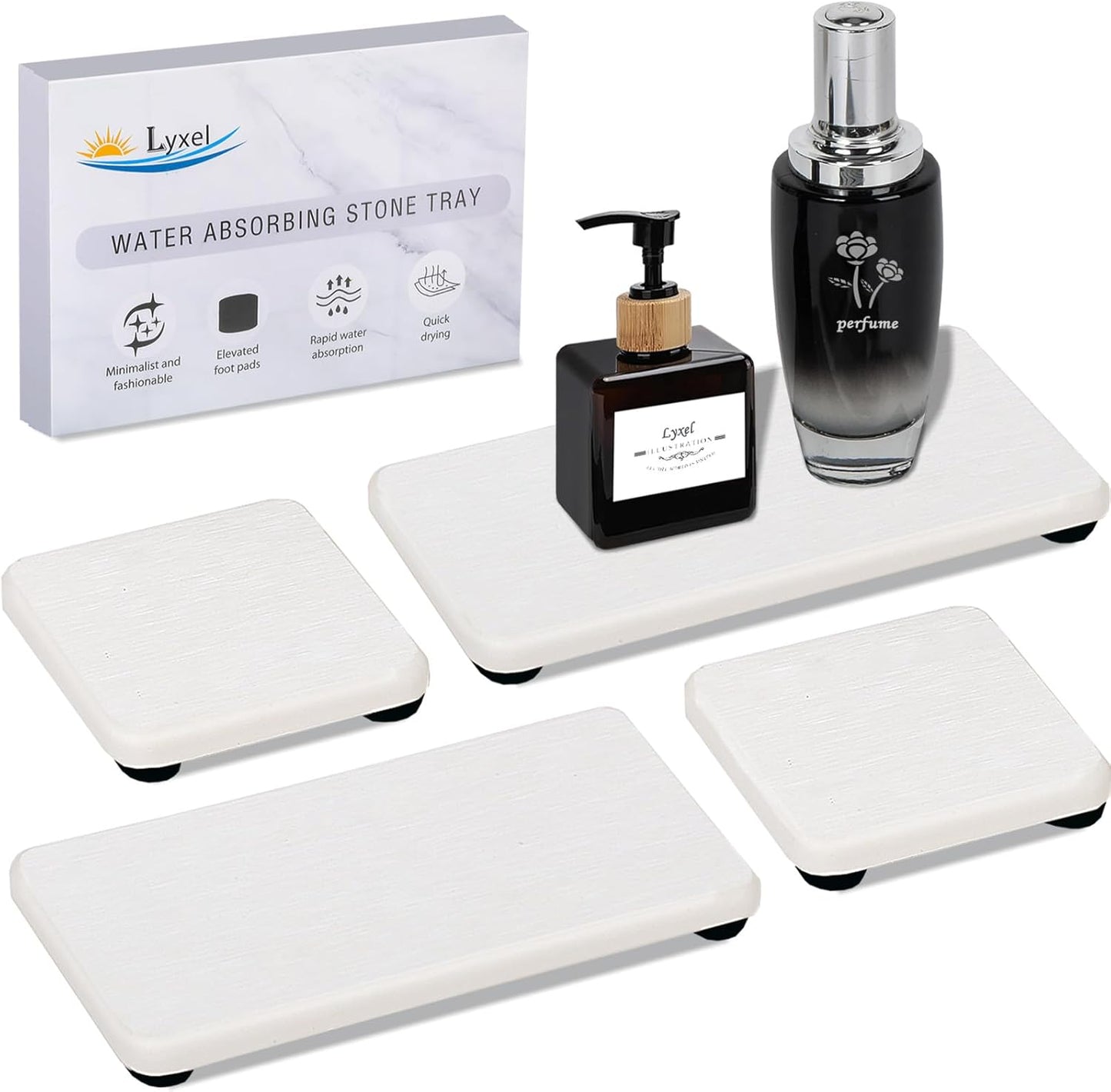 Skiennix Water Absorbing Stone Tray - Fast Drying Diatomite Coaster for Kitchen & Bathroom | 4PCS Set
