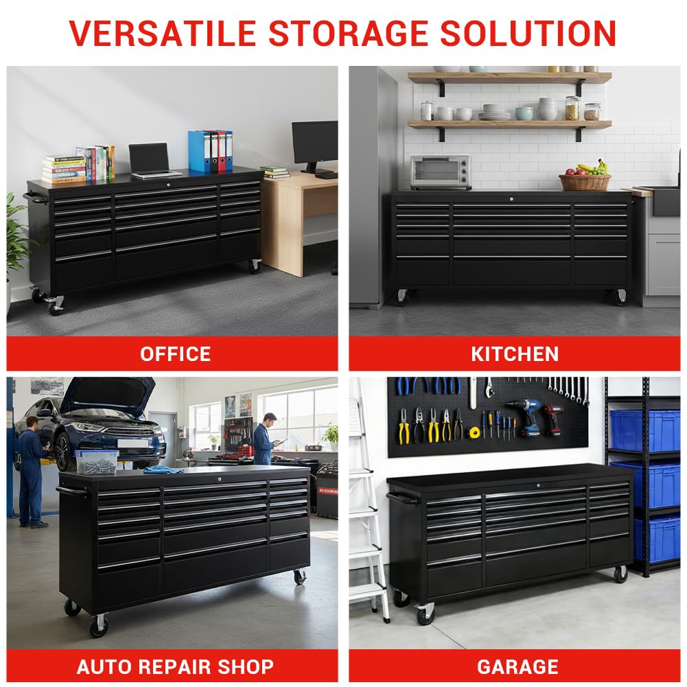 CT Copper Tailor 72-inch Rolling Tool Chest with 15 Drawers and Wheels, Mobile Garage Workbench, Large Tool Box Storage Tool Cabinet with Wood Top for Workshop, Matte Black