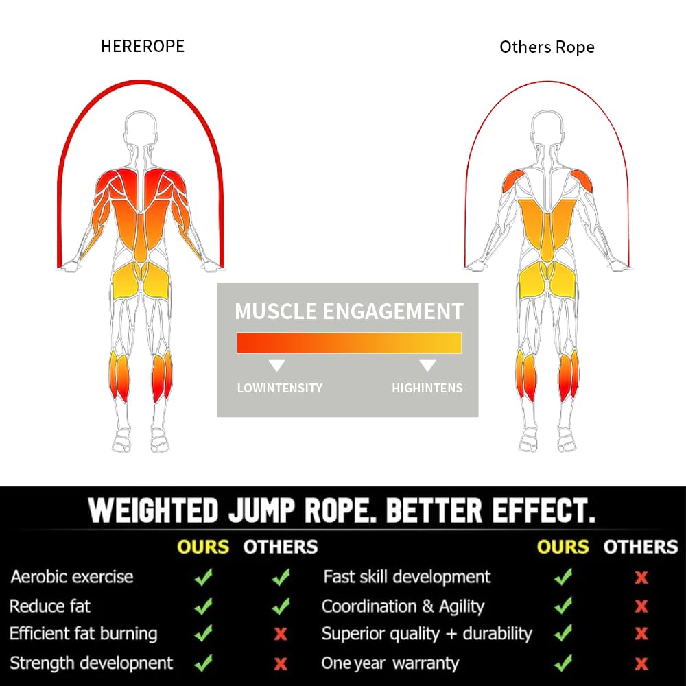 HEREROPE Weighted Jump Rope for Men Women Interchangeable 1/6lb 1/4lb 1/2lb Heavy Jump Rope- Adjustable Length, Tangle Free, Smooth Ball Bearing, Anti-slip Grip, Skipping Rope for Weight Loss