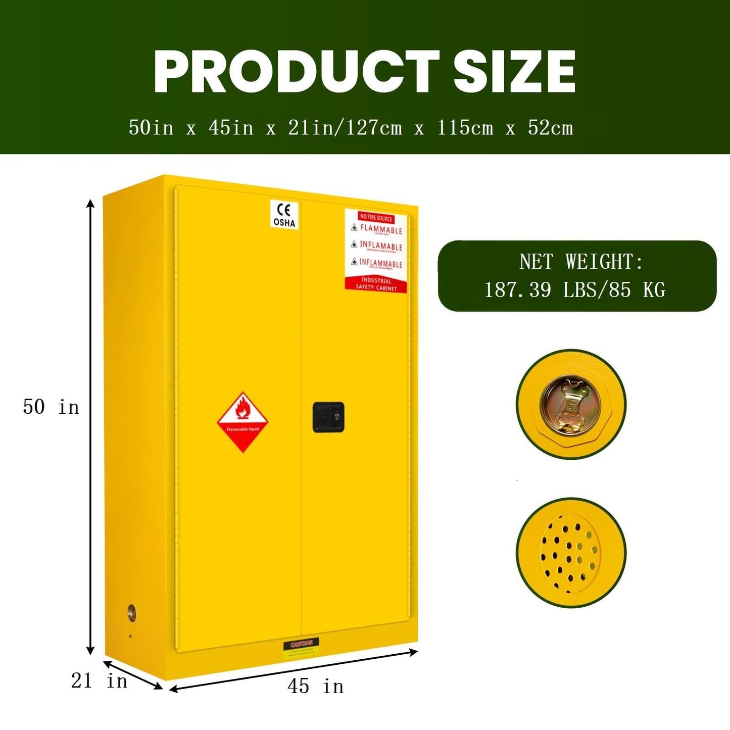 60 Gallon Flammable Storage Cabinet, Fire Cabinet with 3-Point Locking System, Adjustable Shelf Fuel Safety Storage Cabinet, Metal Garage Storage Cabinet for Industrial Commercial and Home Use