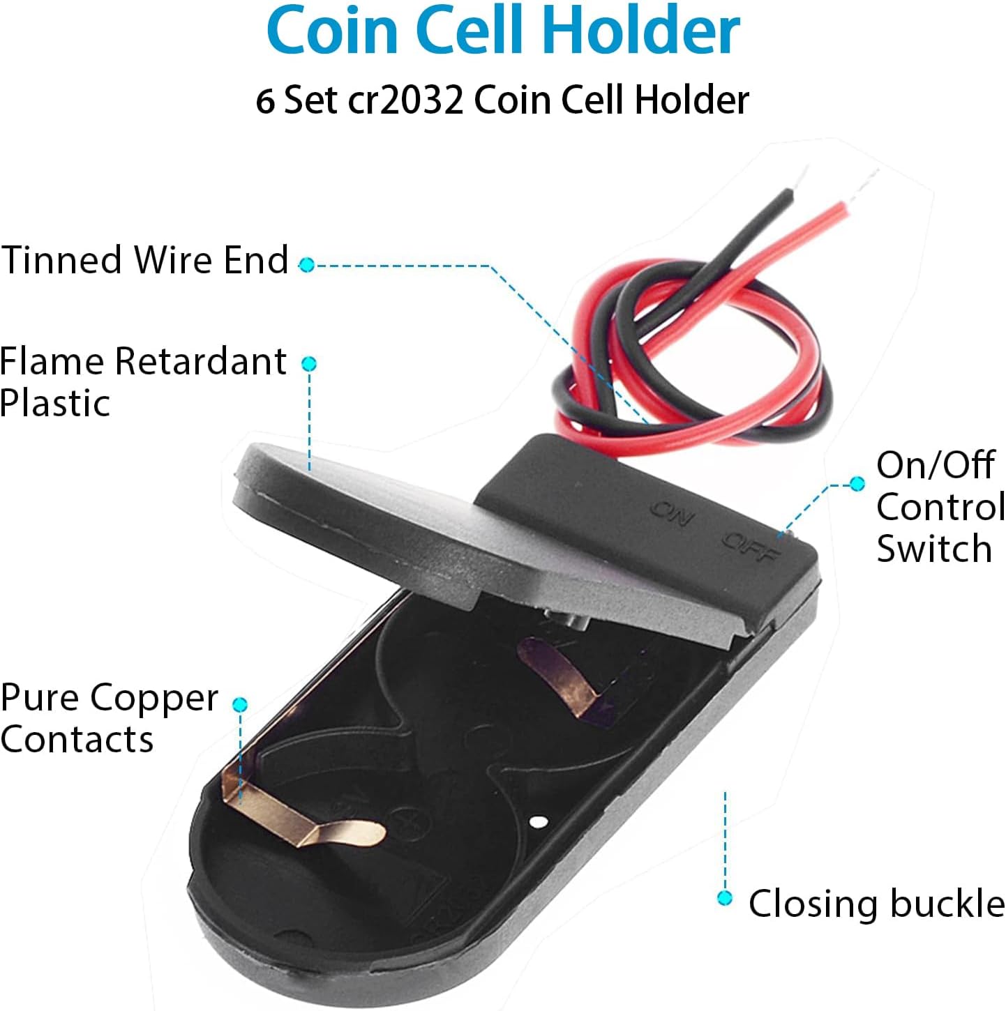 QTEATAK 6 2 3V CR2032 Pcs x Button Coin Cell Battery Holder with Leads On Off Switch