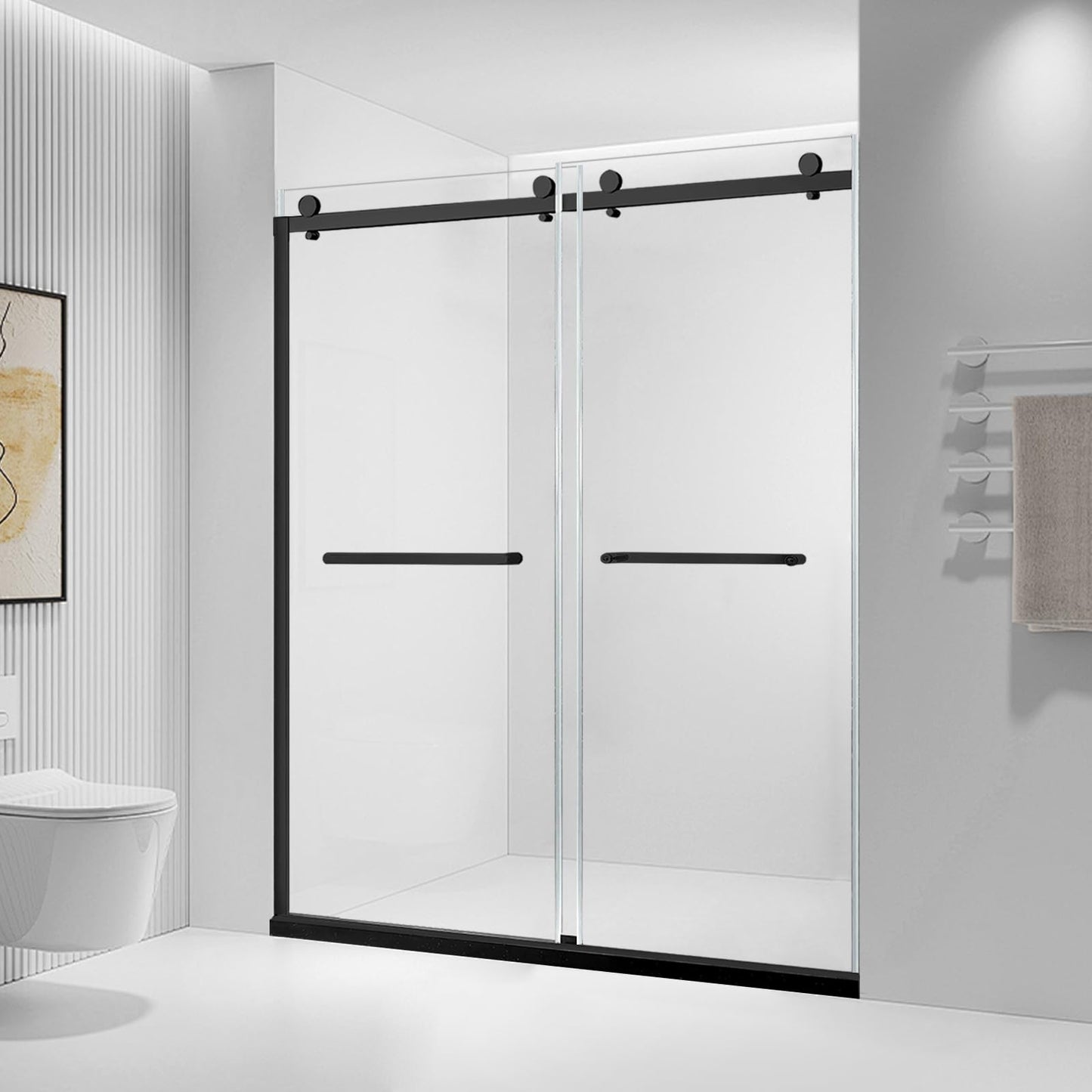 Mersviton Double Sliding Shower Door, 60" W x 74" H Framed Glass Shower Door with 5/16"(8mm) Clear Tempered Explosion-Proof Film Glass, 18 inch Stainless Steel Handle, Matte Black