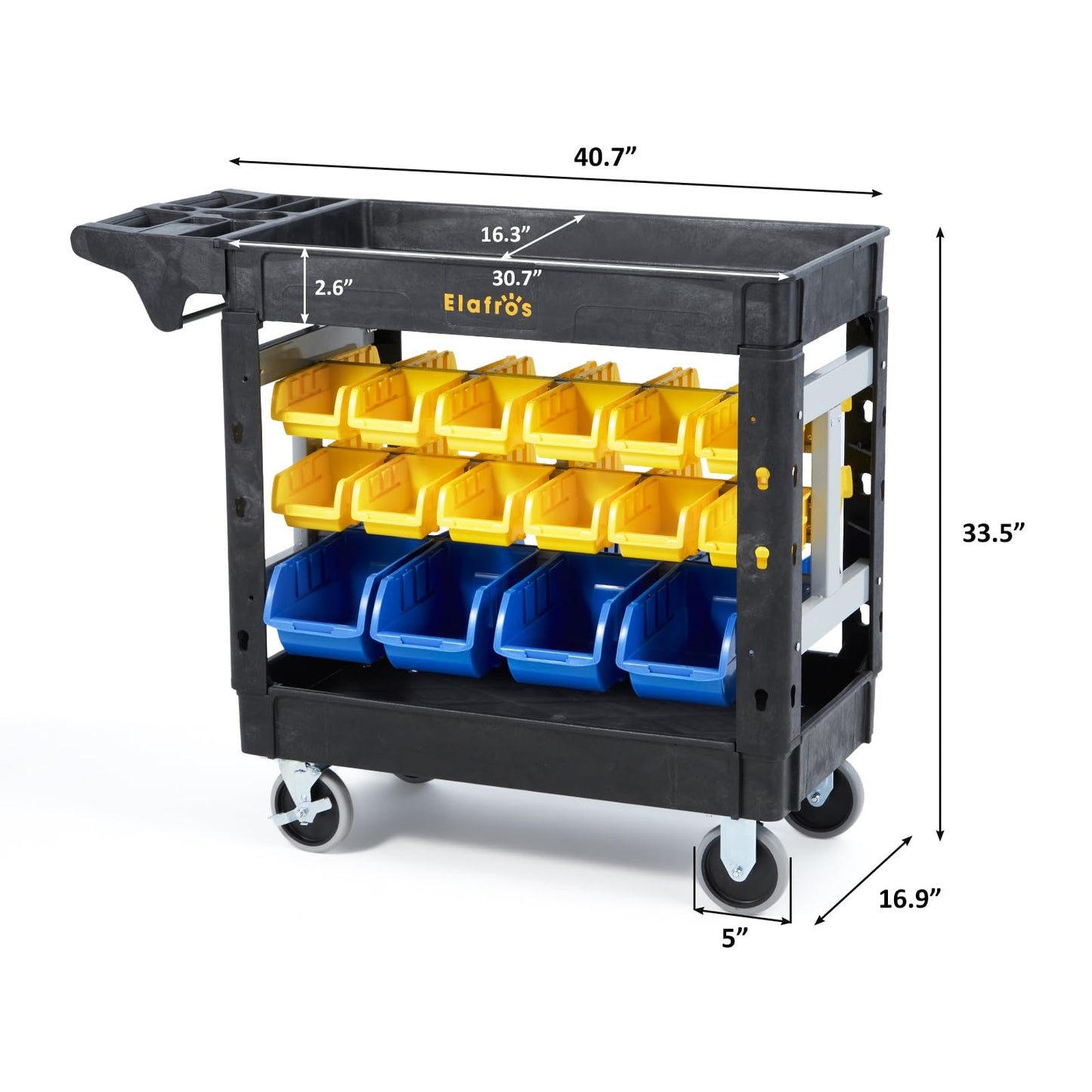 Elafros 2-Tier Utility Cart with 32 Storage Bins – Heavy-Duty Rolling Service Cart with Deep Tub Shelves, Locking Wheels, 550 lbs Capacity, 40.7"x17", for Workshop, Garage, Office