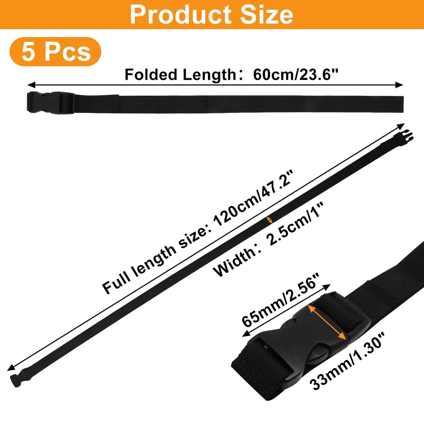 S SYDIEN 5Pcs Black Nylon Strap 1" x 47" (3.9ft) Buckle Straps with Quick Release Adjustable Straps with Buckles, Tie Down Strap for Backpacking, Outdoor Activities